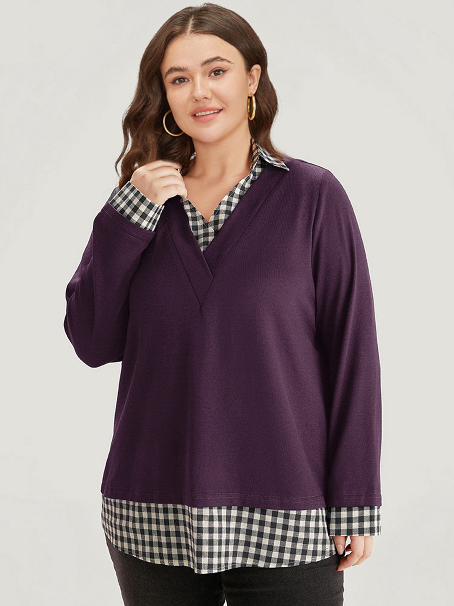 Plus Size Gingham Patchwork Shirt Collar Arc Hem Sweatshirt Women Purple Casual Patchwork V-neck Everyday Sweatshirts BloomChic 18-20/2X 