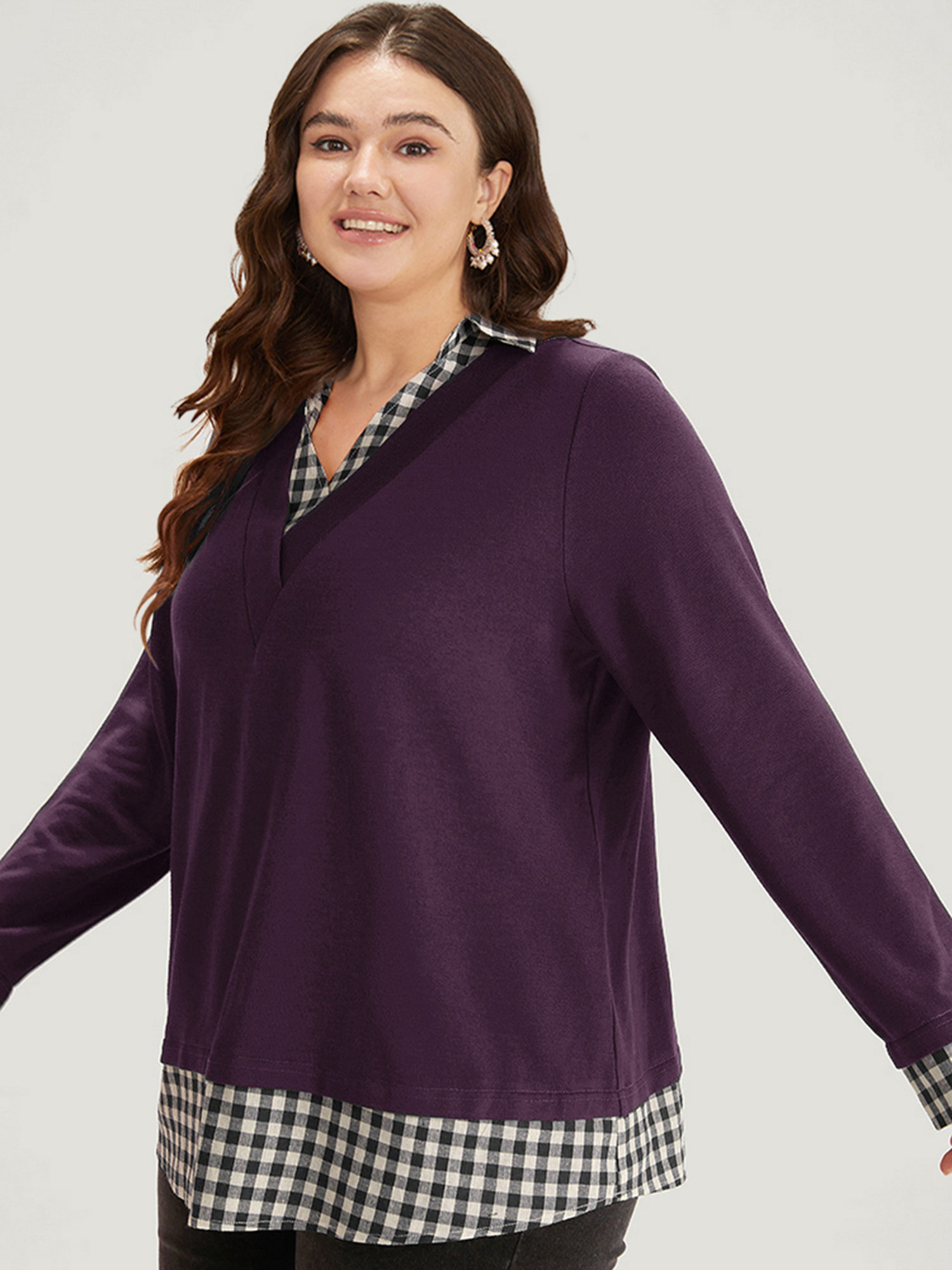 Plus Size Gingham Patchwork Shirt Collar Arc Hem Sweatshirt Women Purple Casual Patchwork V-neck Everyday Sweatshirts BloomChic 18-20/2X 