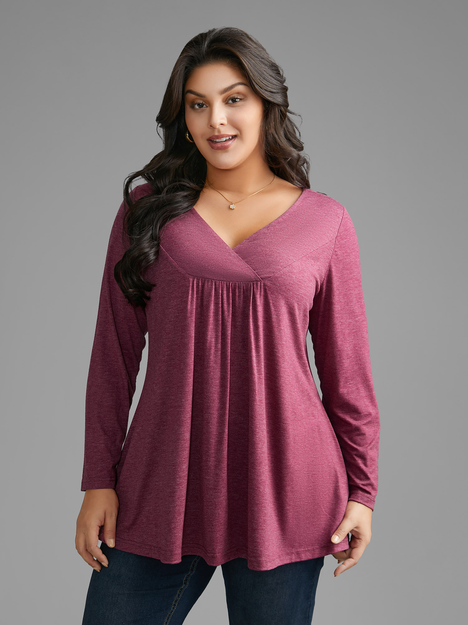 

Plus Size Overlap Collar Solid Gathered Jersey Top Burgundy Overlap Collar Extra Long Sleeve Elegant Jersey Tops