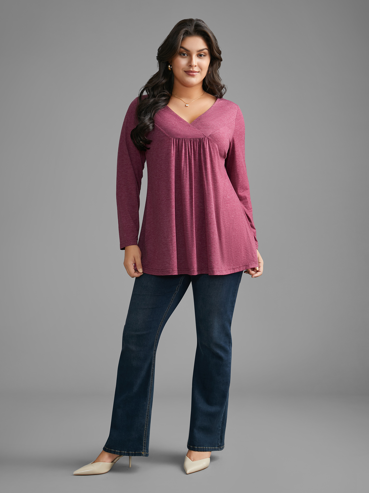 

Plus Size Overlap Collar Solid Gathered Jersey Top Burgundy Overlap Collar Extra Long Sleeve Elegant Jersey Tops