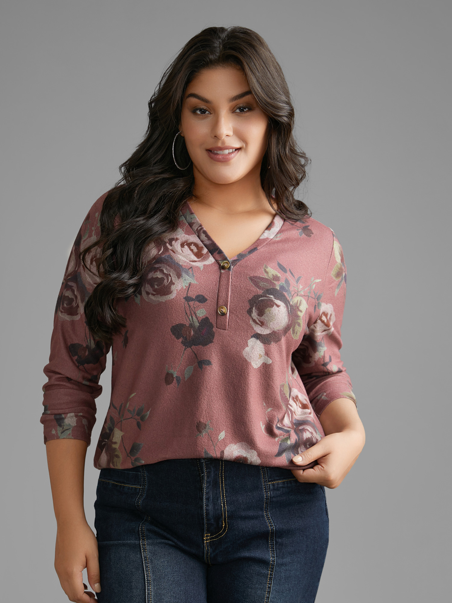 Plus Size V Neck Floral Print Button Up T-shirt DustyPink Women Casual Button Natural Flowers V-neck Everyday T-shirts BloomChic 26/4X 
