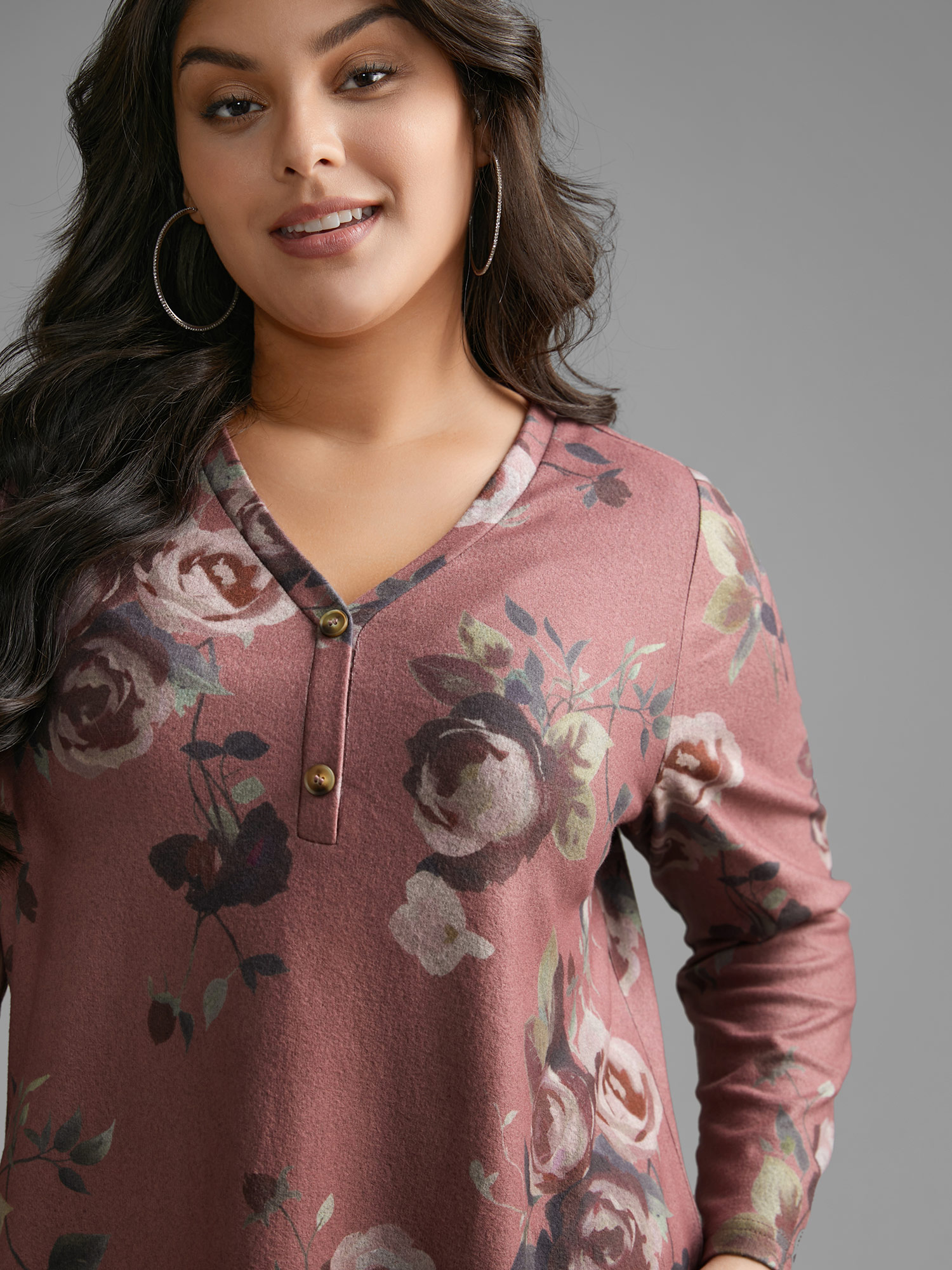 Plus Size V Neck Floral Print Button Up T-shirt DustyPink Women Casual Button Natural Flowers V-neck Everyday T-shirts BloomChic 26/4X 