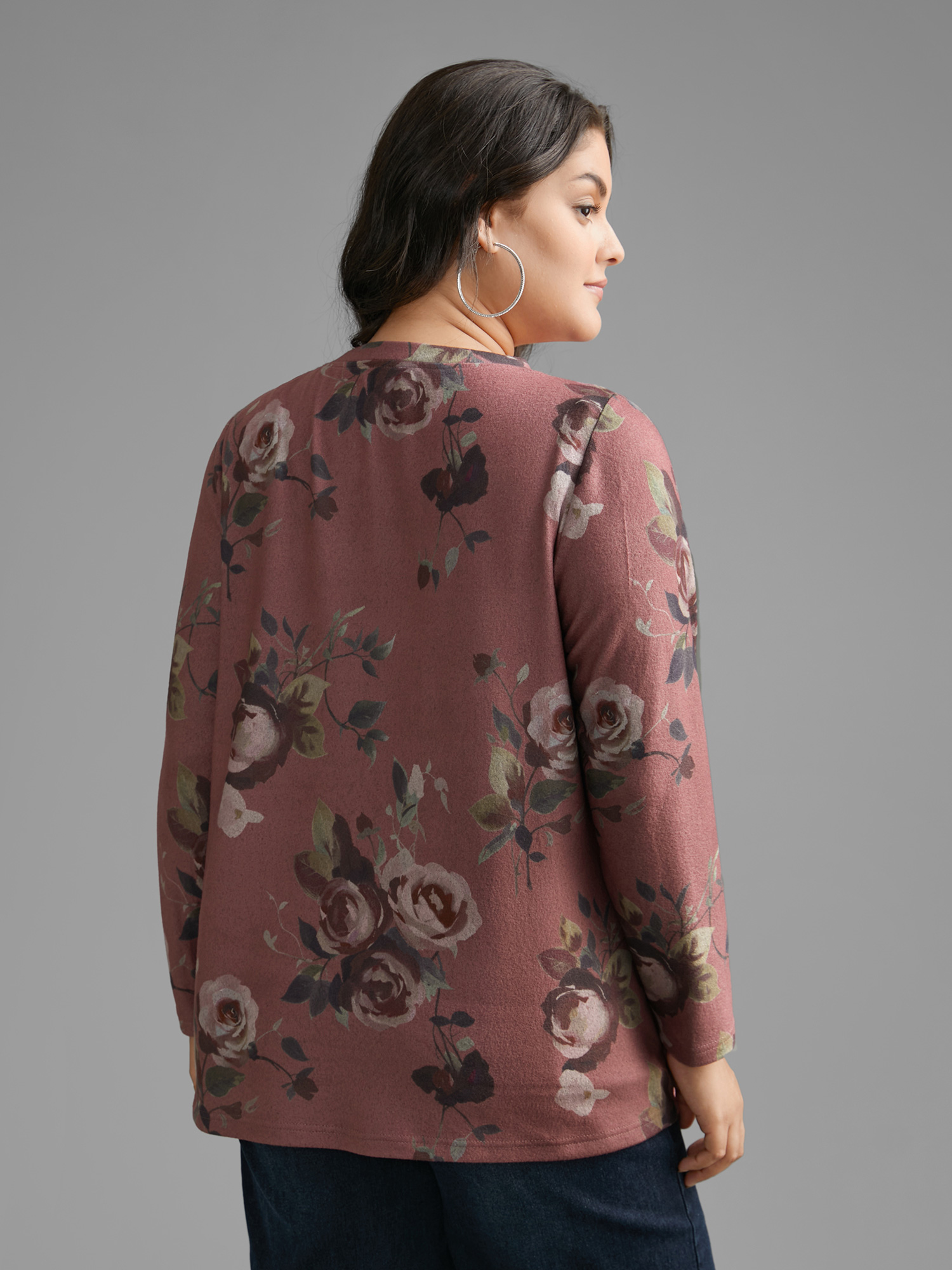 Plus Size V Neck Floral Print Button Up T-shirt DustyPink Women Casual Button Natural Flowers V-neck Everyday T-shirts BloomChic 26/4X 