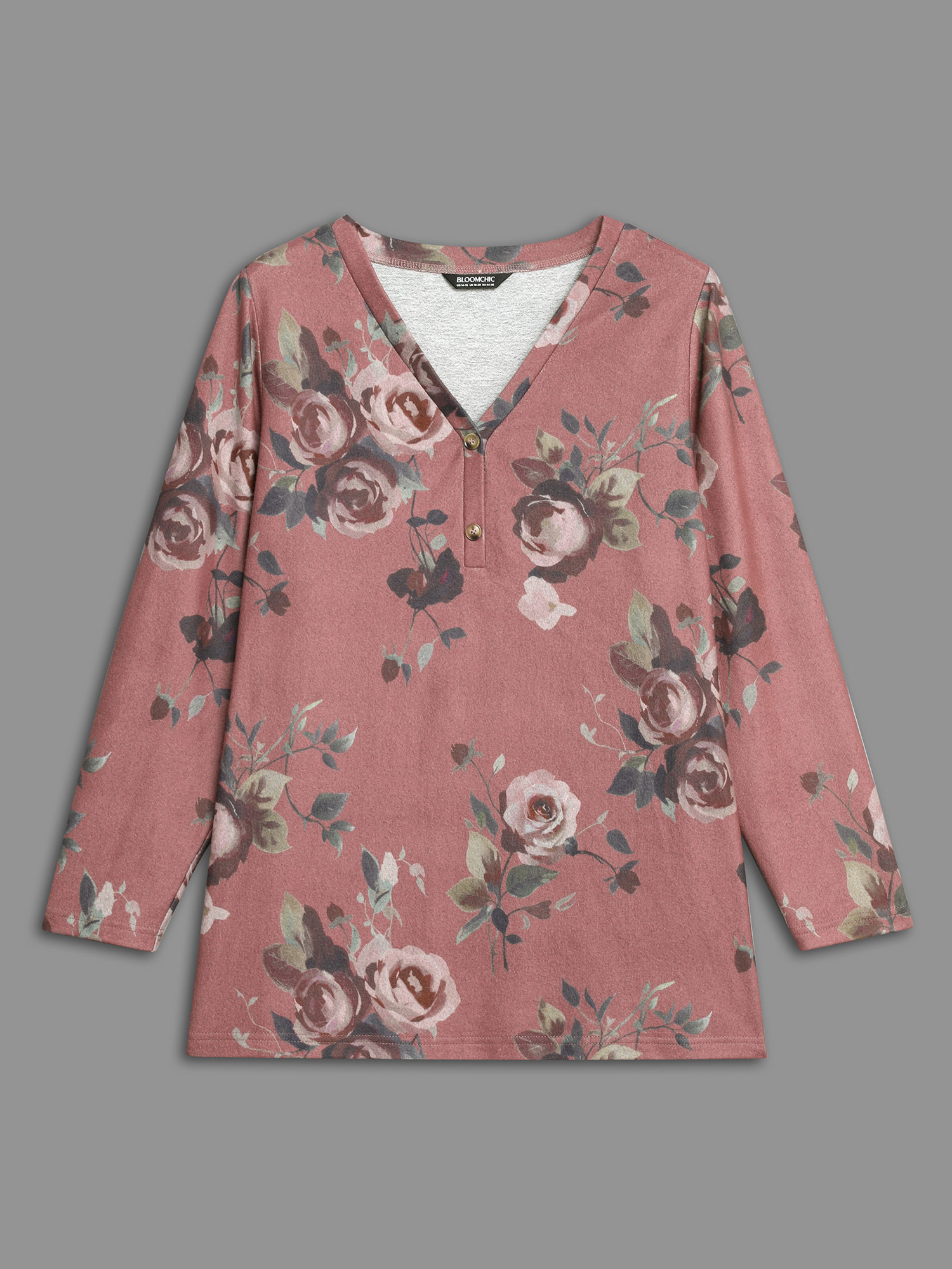 Plus Size V Neck Floral Print Button Up T-shirt DustyPink Women Casual Button Natural Flowers V-neck Everyday T-shirts BloomChic 26/4X 