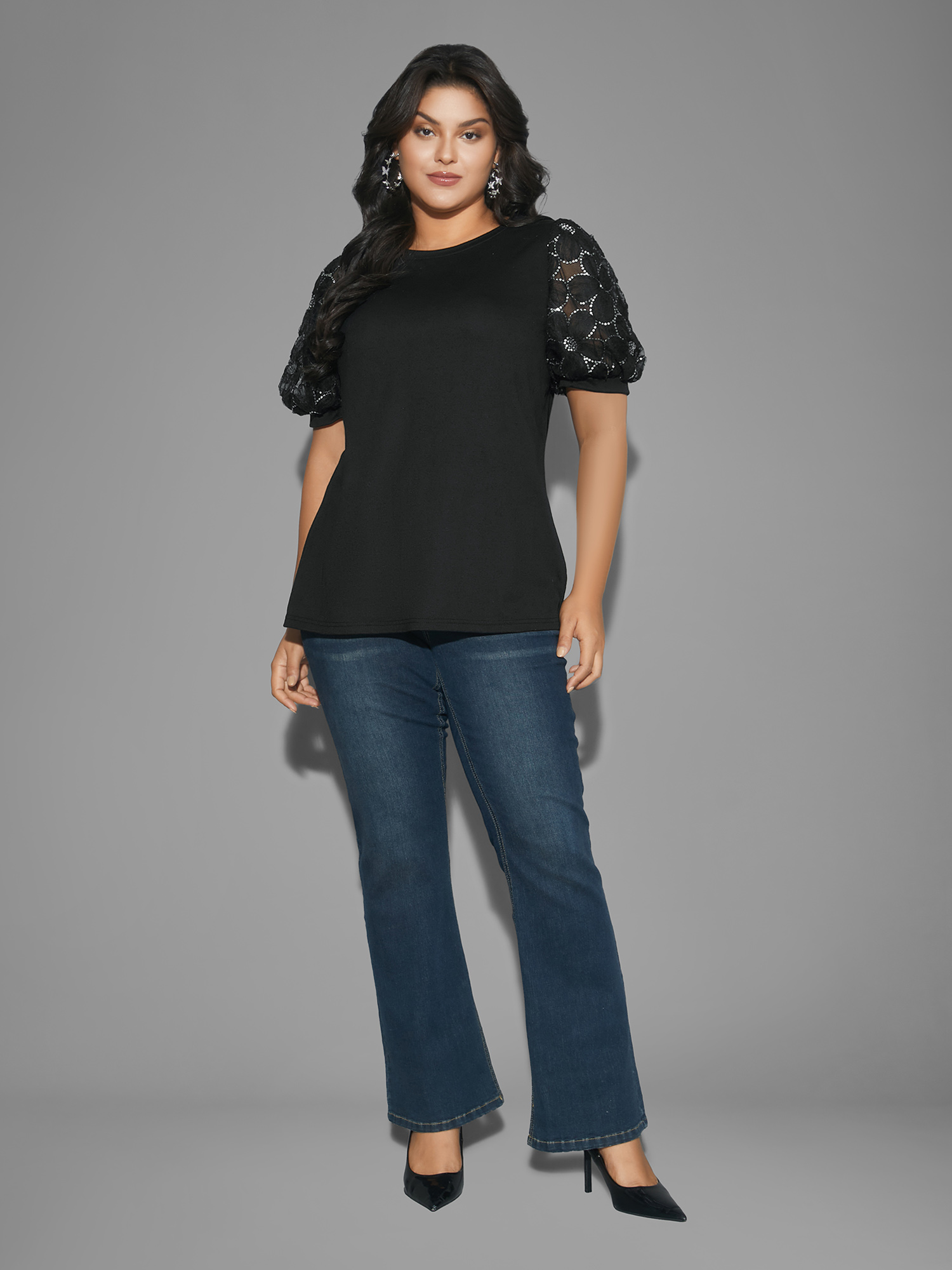 Plus Size Floral Sequin Mesh Round Neck T-shirt Black Women Elegant See through Round Neck Everyday T-shirts BloomChic 14-16/1X 