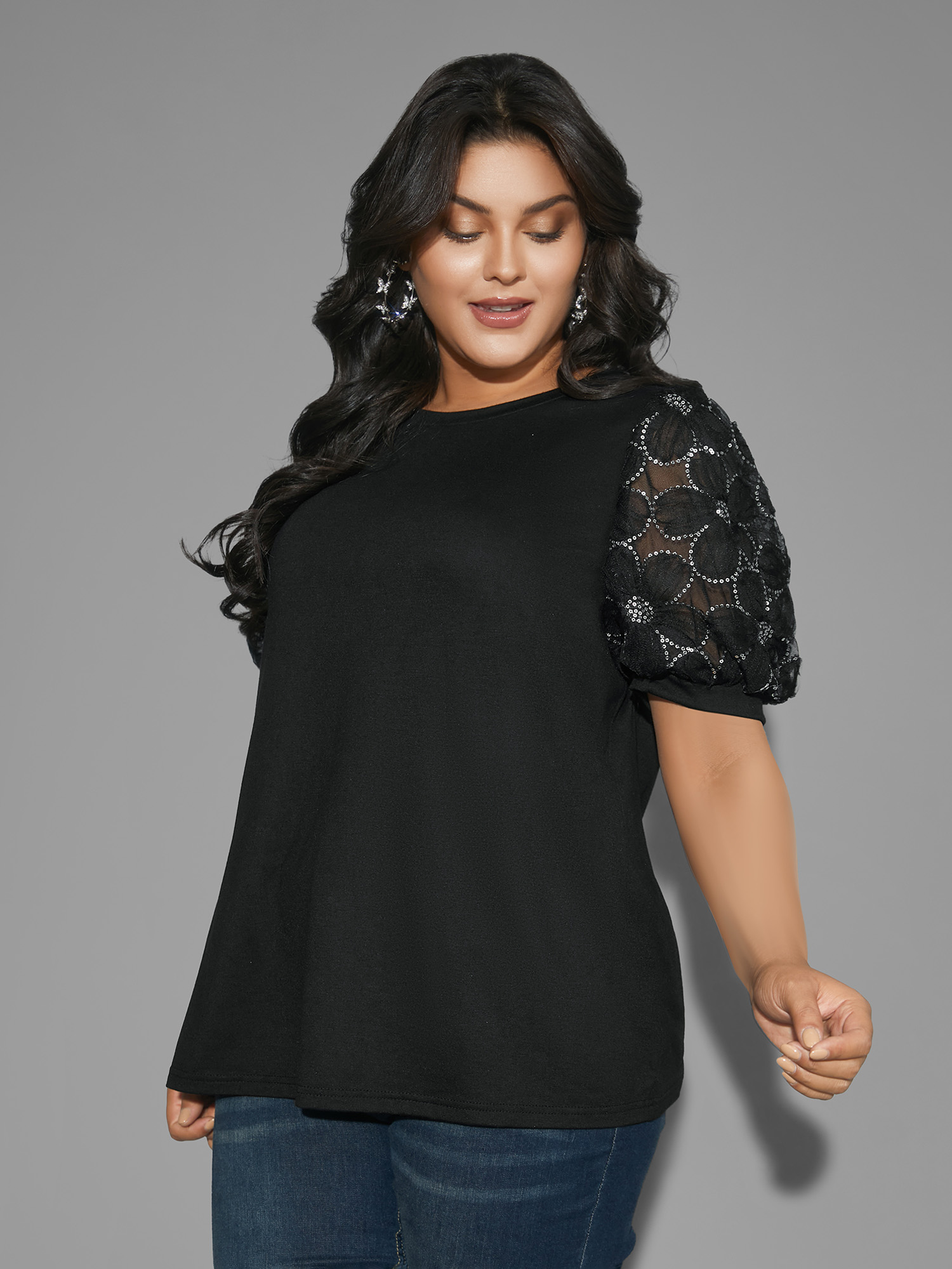 Plus Size Floral Sequin Mesh Round Neck T-shirt Black Women Elegant See through Round Neck Everyday T-shirts BloomChic 14-16/1X 