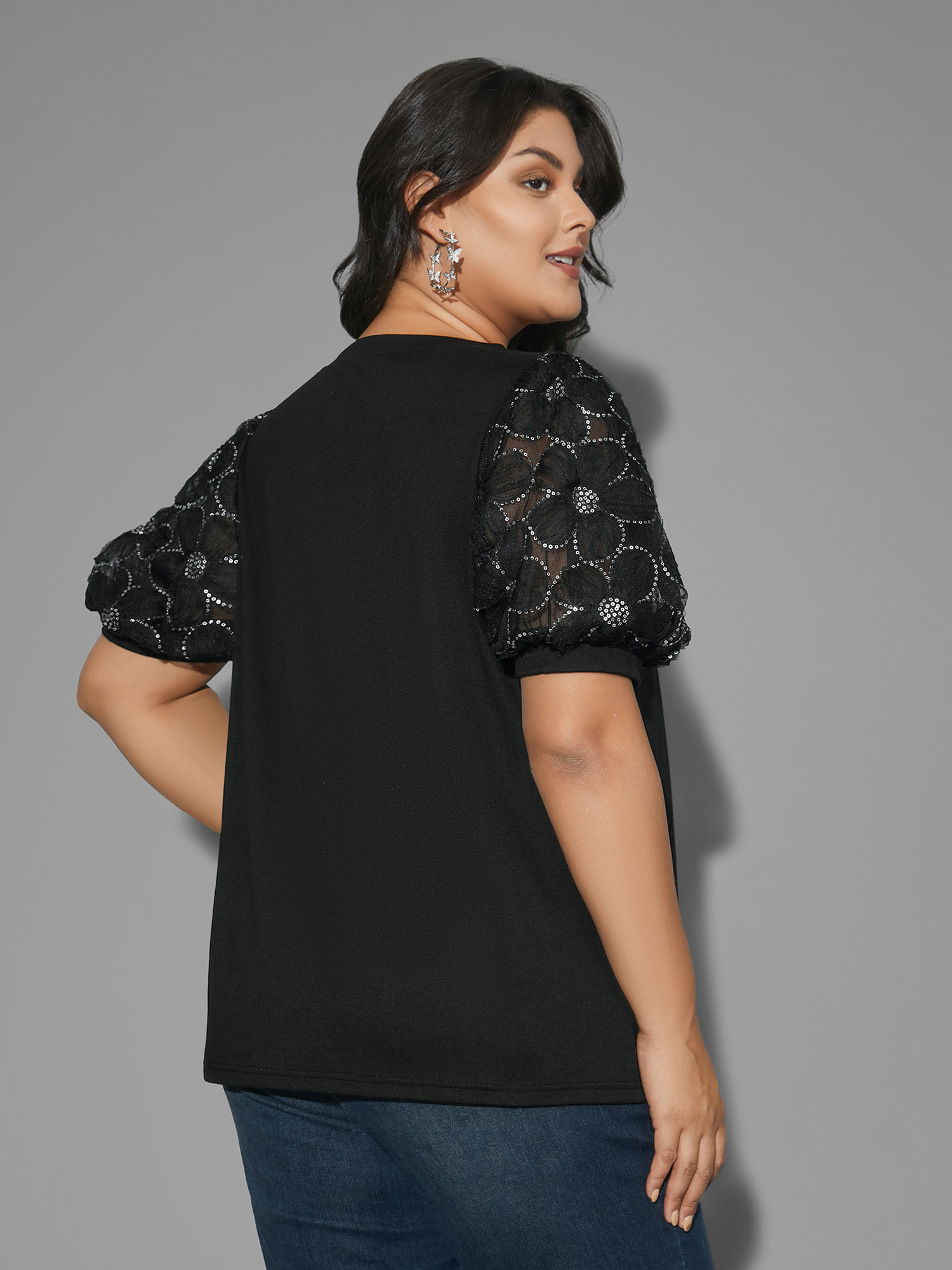 

Plus Size Floral Sequin Mesh Round Neck T-shirt Black Women Elegant See through Round Neck Everyday T-shirts BloomChic