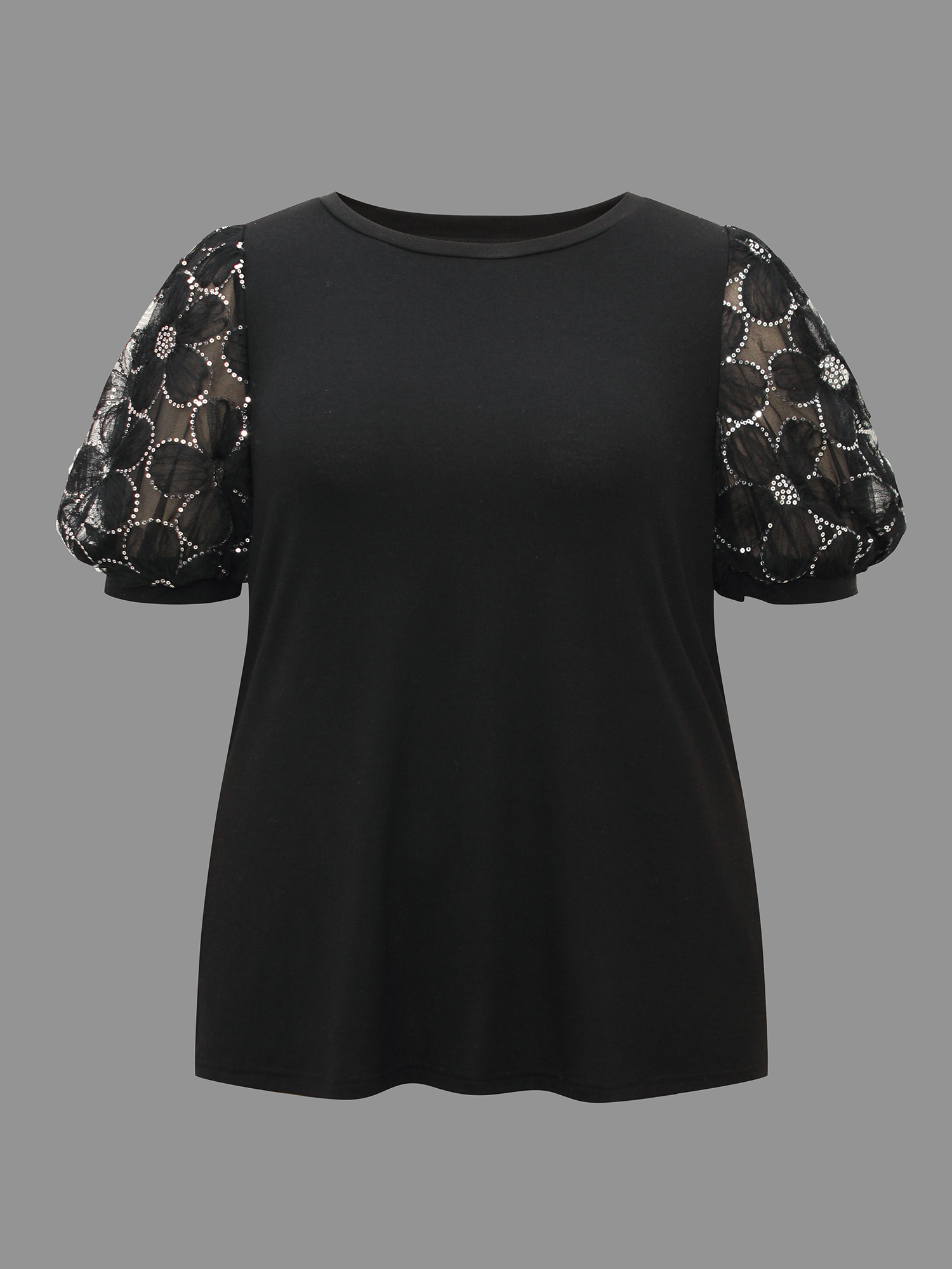 Plus Size Floral Sequin Mesh Round Neck T-shirt Black Women Elegant See through Round Neck Everyday T-shirts BloomChic 14-16/1X 