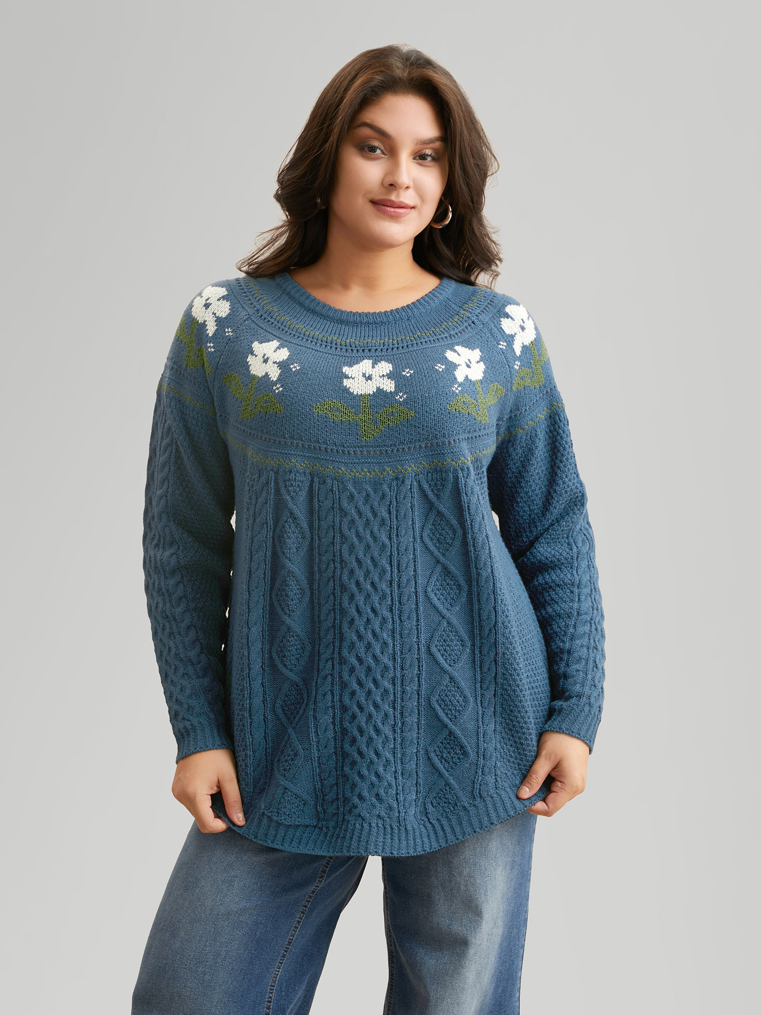 

Plus Size Floral Jacquard Raglan Sleeve Pullover Cerulean Women Casual Long Sleeve Round Neck Everyday Pullovers BloomChic