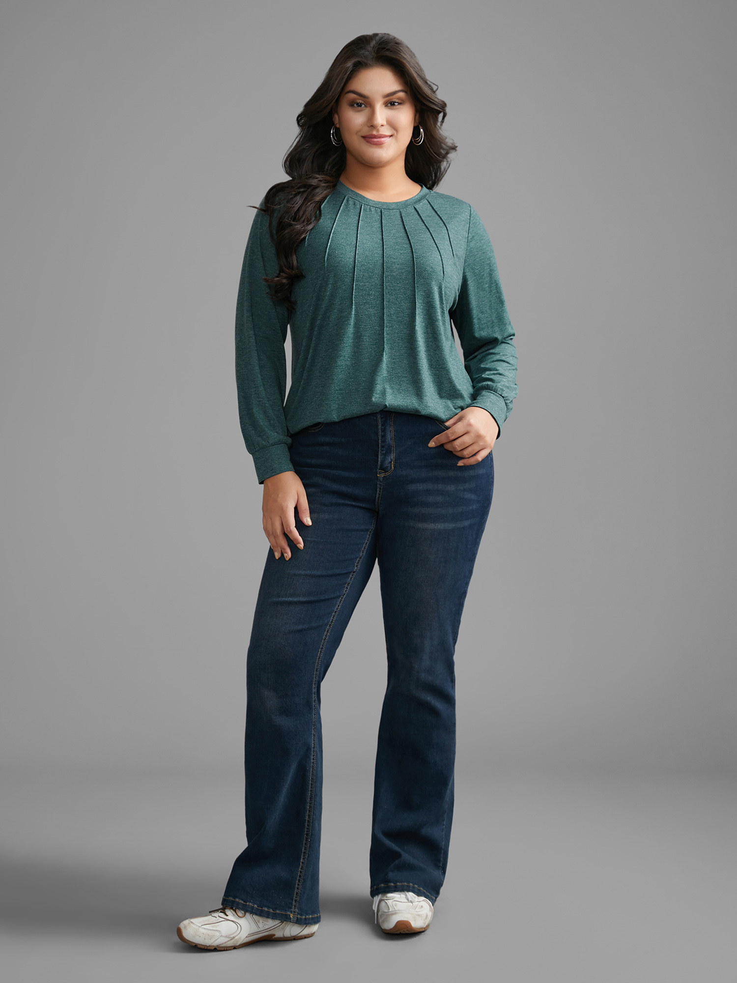 Plus Size Solid Heather Round Neck Pleated T-shirt DarkGreen Women Casual Pleated Round Neck Everyday T-shirts BloomChic 22-24/3X 