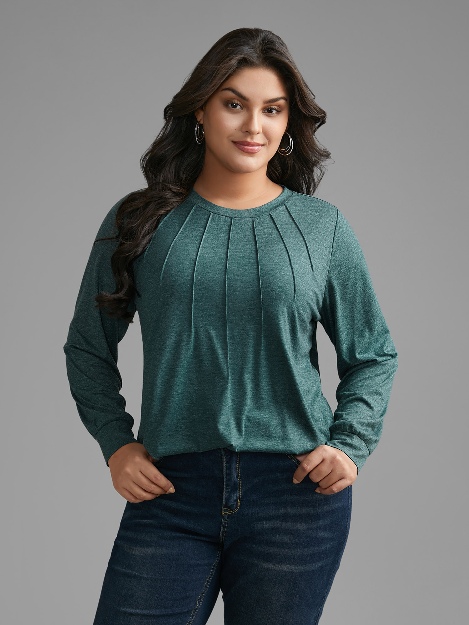 Plus Size Solid Heather Round Neck Pleated T-shirt DarkGreen Women Casual Pleated Round Neck Everyday T-shirts BloomChic 22-24/3X 
