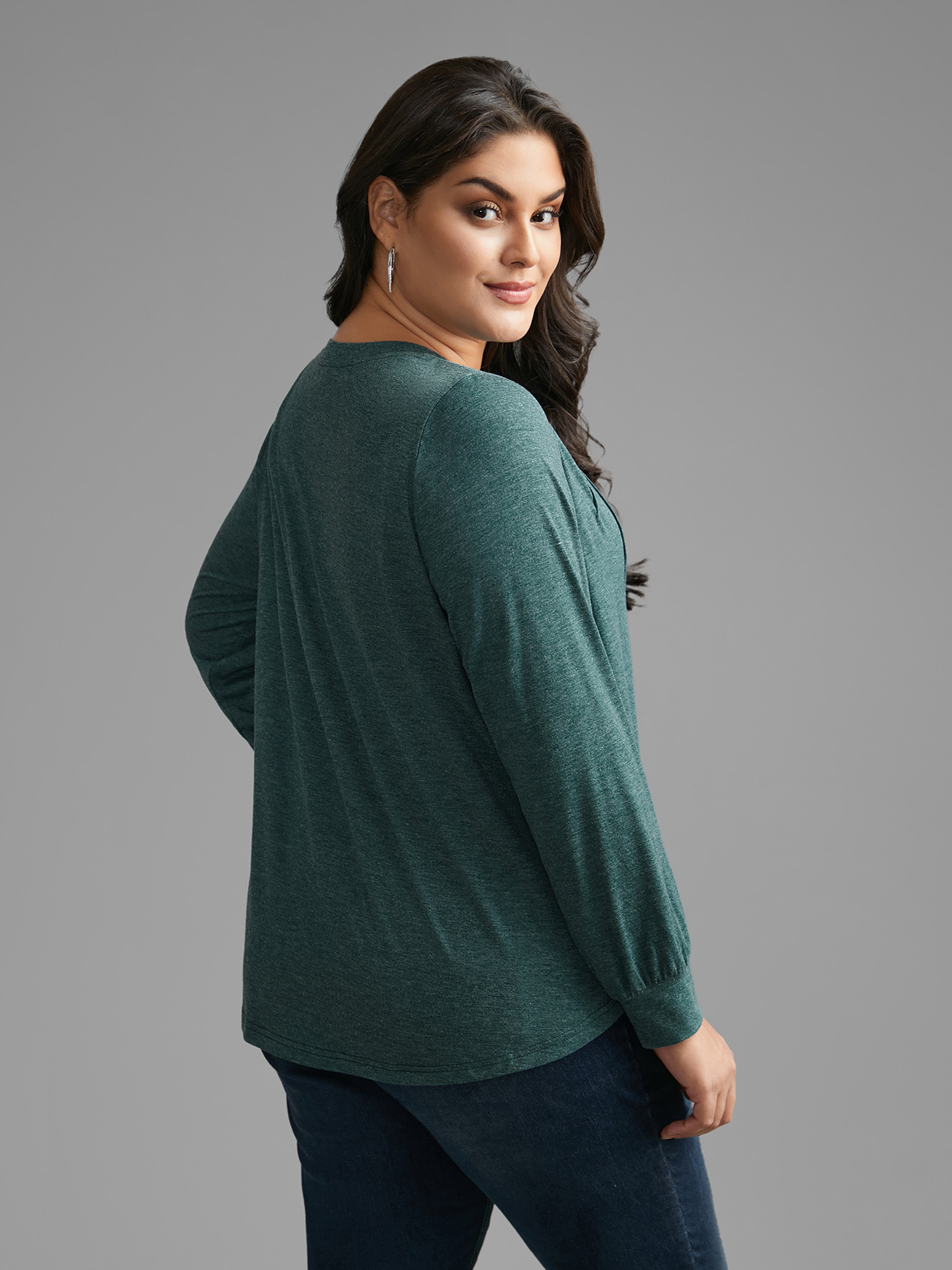 Plus Size Solid Heather Round Neck Pleated T-shirt DarkGreen Women Casual Pleated Round Neck Everyday T-shirts BloomChic 22-24/3X 