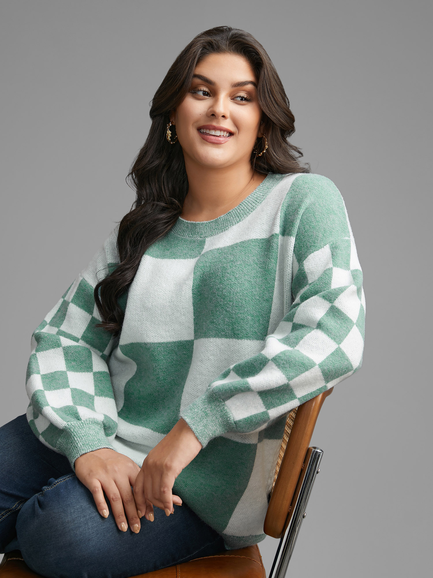 

Plus Size Plaid Crew Neck Drop Shoulder Pullover Emerald Women Casual Loose Long Sleeve Round Neck Everyday Pullovers BloomChic