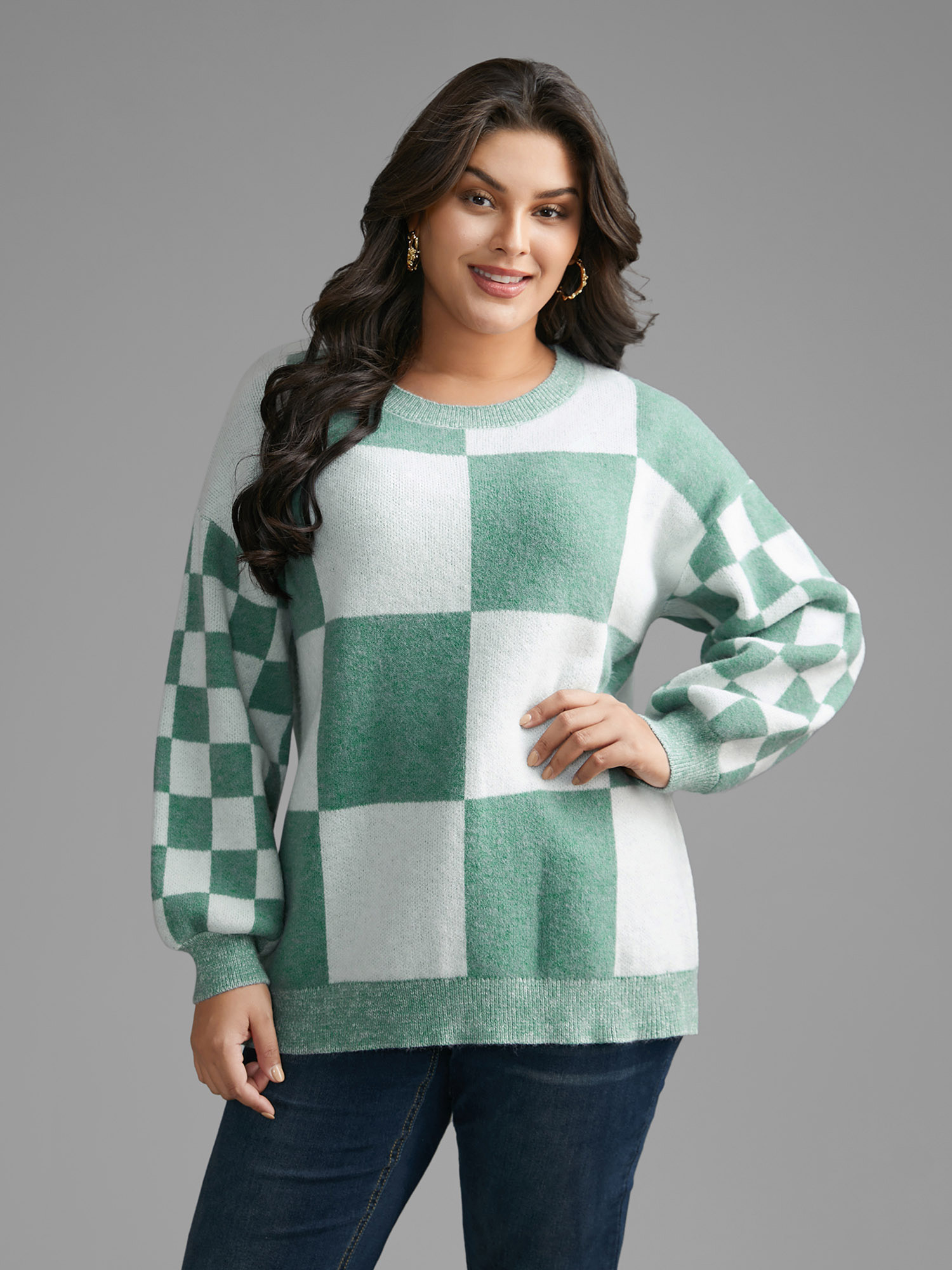 

Plus Size Plaid Crew Neck Drop Shoulder Pullover Emerald Women Casual Loose Long Sleeve Round Neck Everyday Pullovers BloomChic