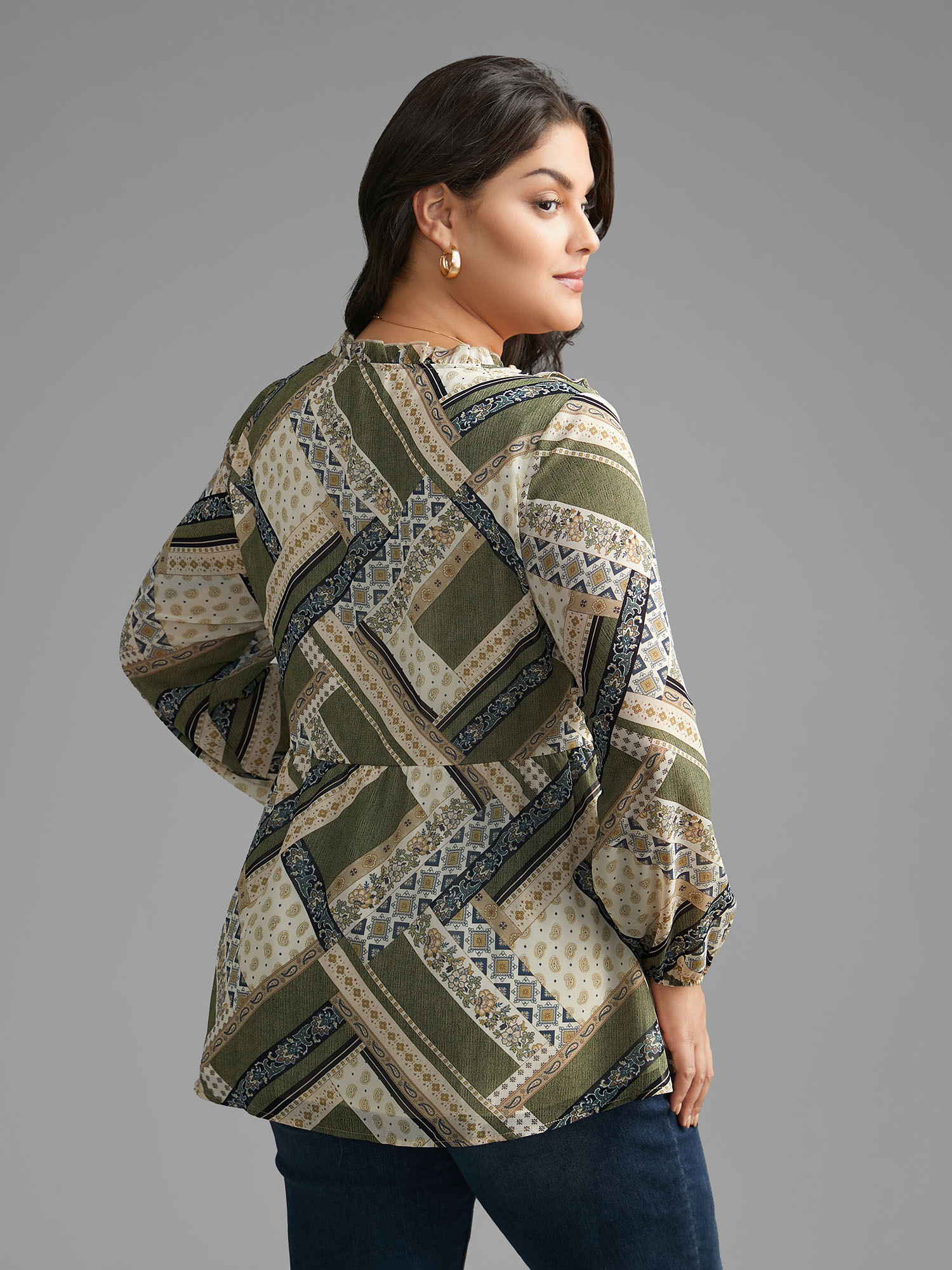 Plus Size Beige Bandana Print V Neck Ruffle Trim Blouse Women Elegant Long Sleeve V-neck Everyday Blouses BloomChic 12/L 