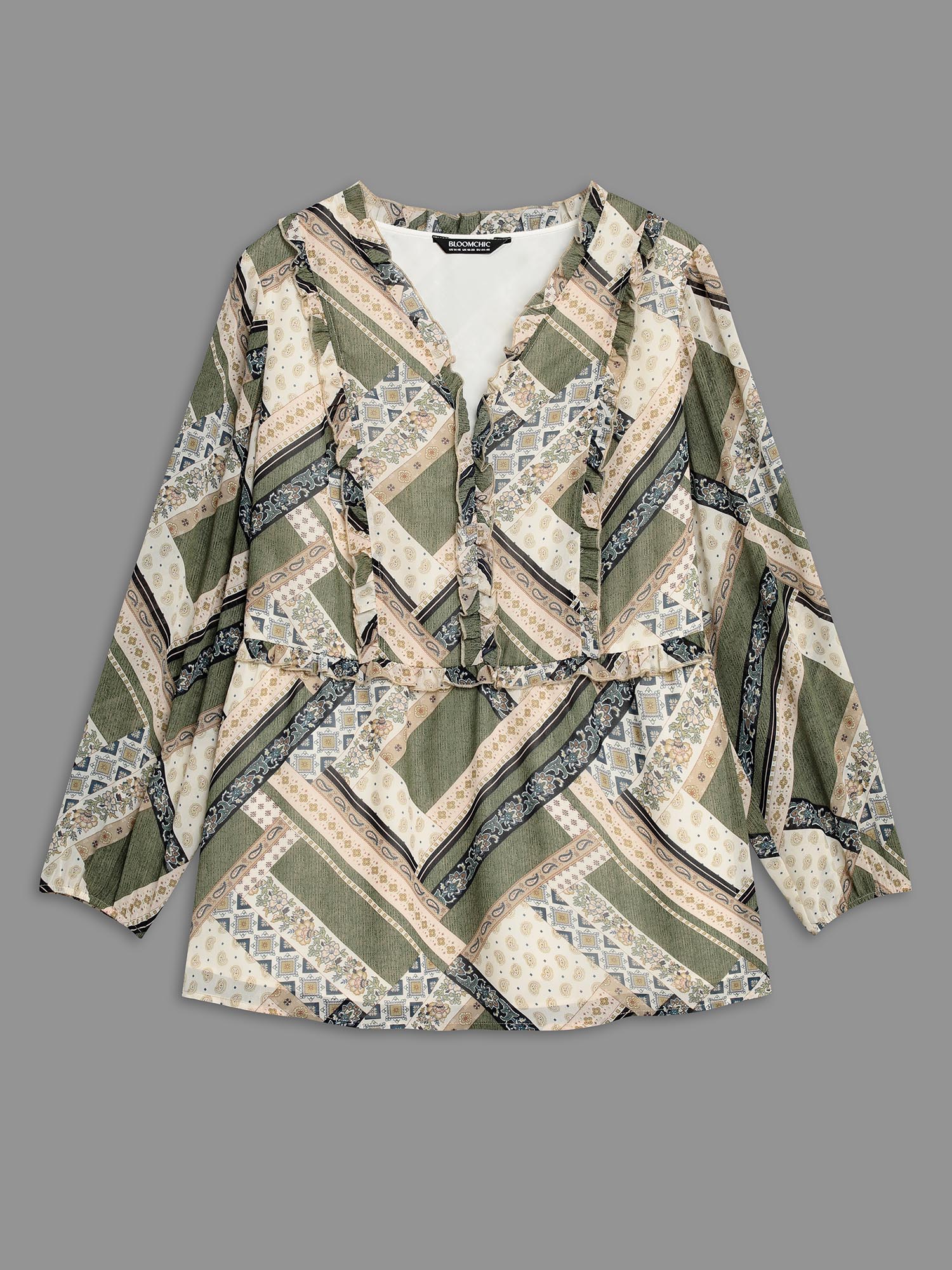 Plus Size Beige Bandana Print V Neck Ruffle Trim Blouse Women Elegant Long Sleeve V-neck Everyday Blouses BloomChic 12/L 