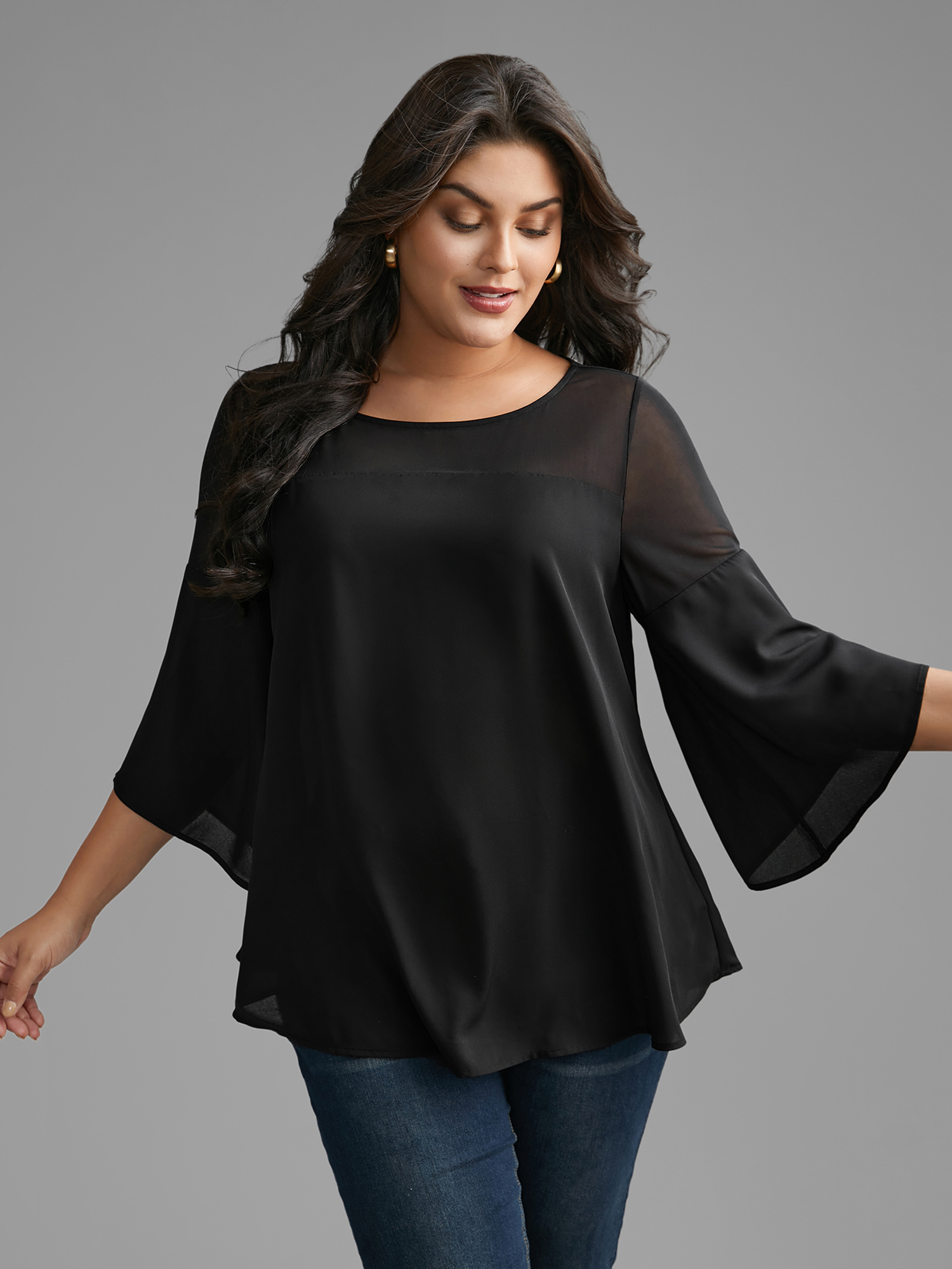 

Plus Size Black Crew Neck Mesh Patchwork Bell Sleeve Blouse Women Elegant Elbow-length sleeve Round Neck Everyday Blouses BloomChic