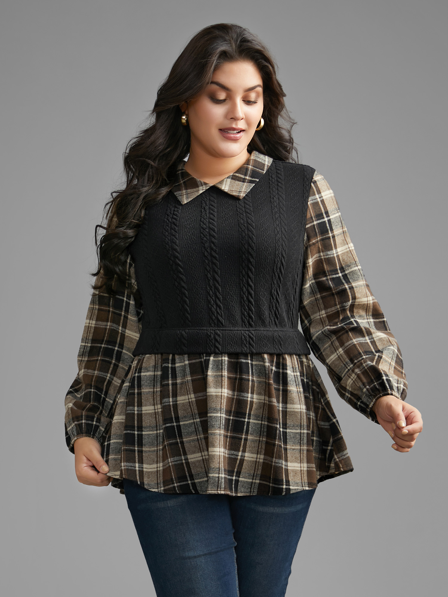 

Plus Size DarkBrown Plaid Patchwork Texture Lantern Sleeve Blouse Women Elegant Long Sleeve Shirt collar Everyday Blouses BloomChic