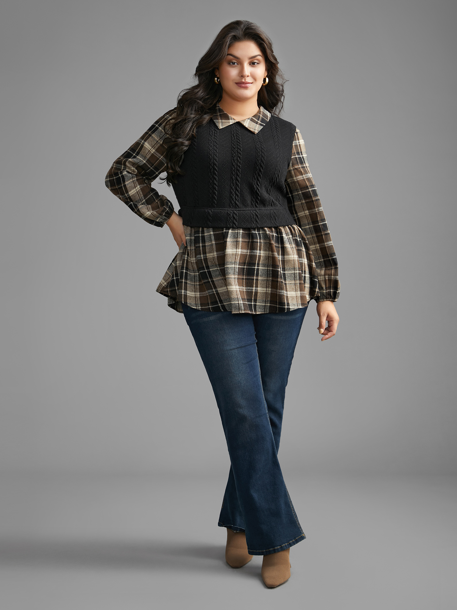 Plus Size DarkBrown Plaid Patchwork Texture Lantern Sleeve Blouse Women Elegant Long Sleeve Shirt collar Everyday Blouses BloomChic 18-20/2X 