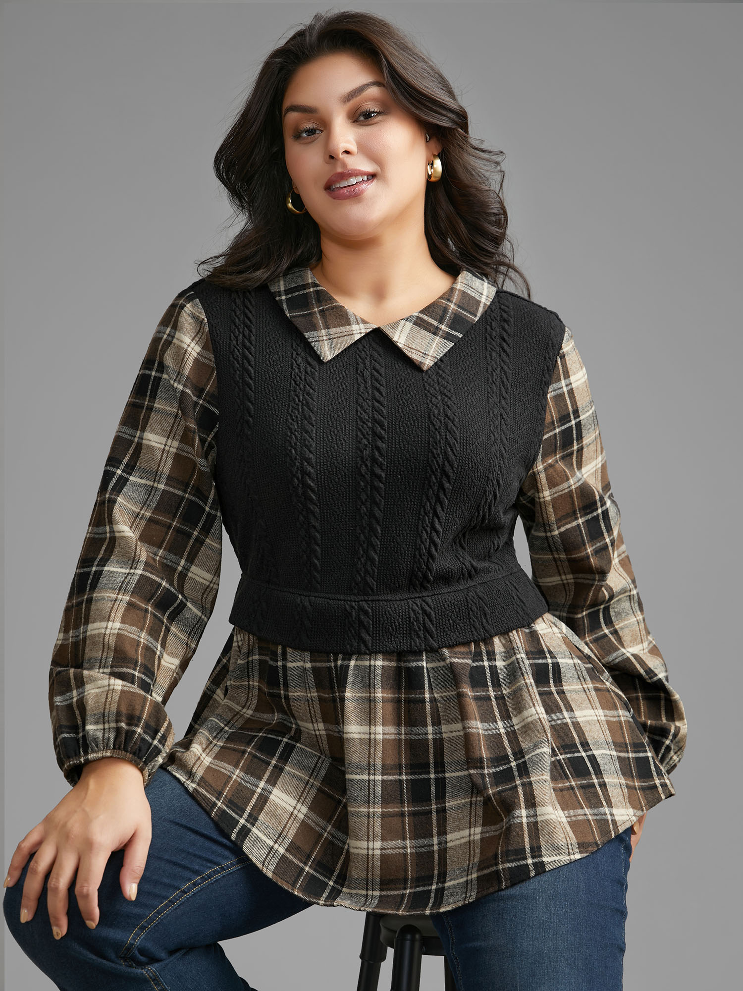 Plus Size DarkBrown Plaid Patchwork Texture Lantern Sleeve Blouse Women Elegant Long Sleeve Shirt collar Everyday Blouses BloomChic 18-20/2X 