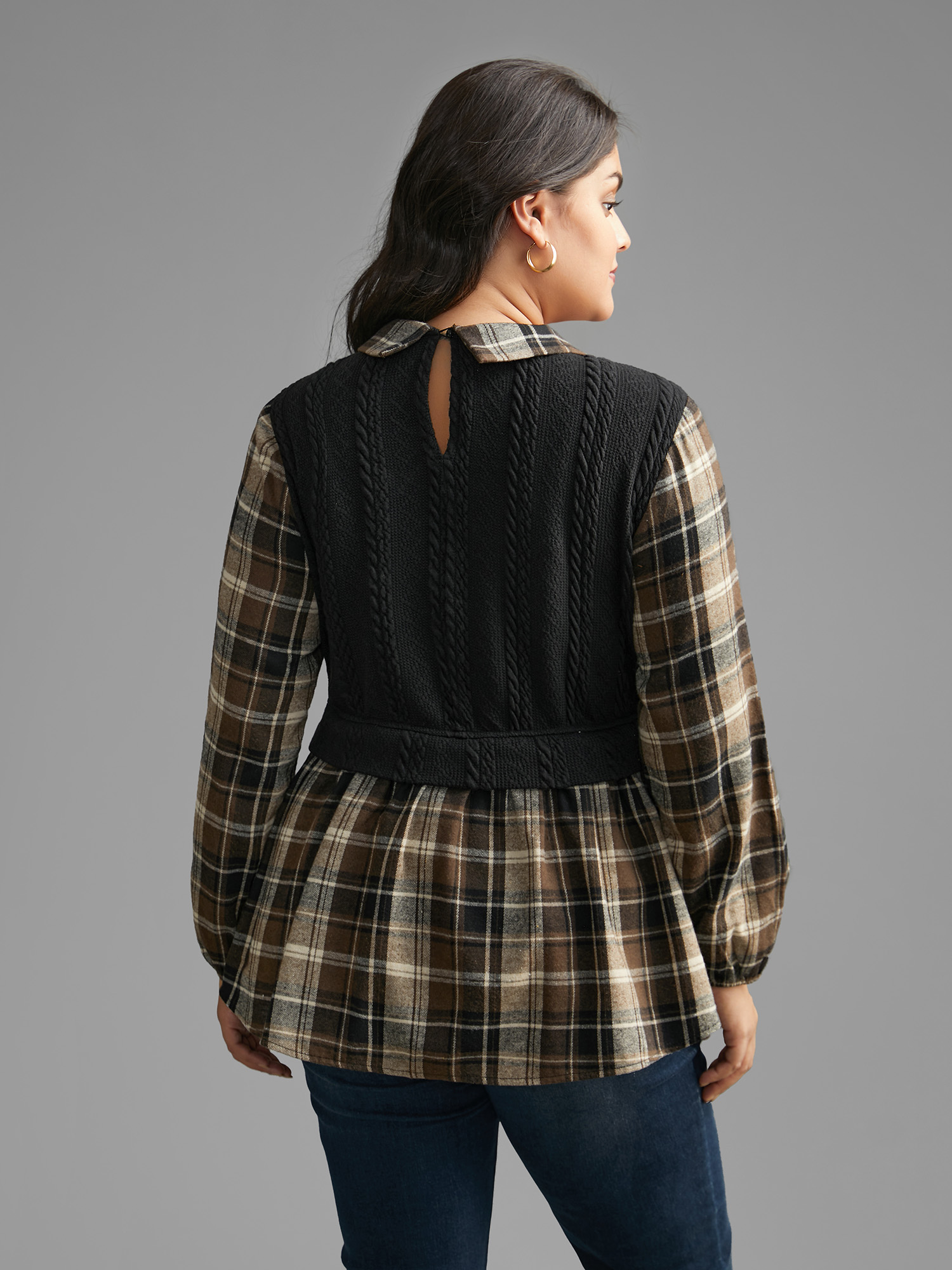 Plus Size DarkBrown Plaid Patchwork Texture Lantern Sleeve Blouse Women Elegant Long Sleeve Shirt collar Everyday Blouses BloomChic 18-20/2X 
