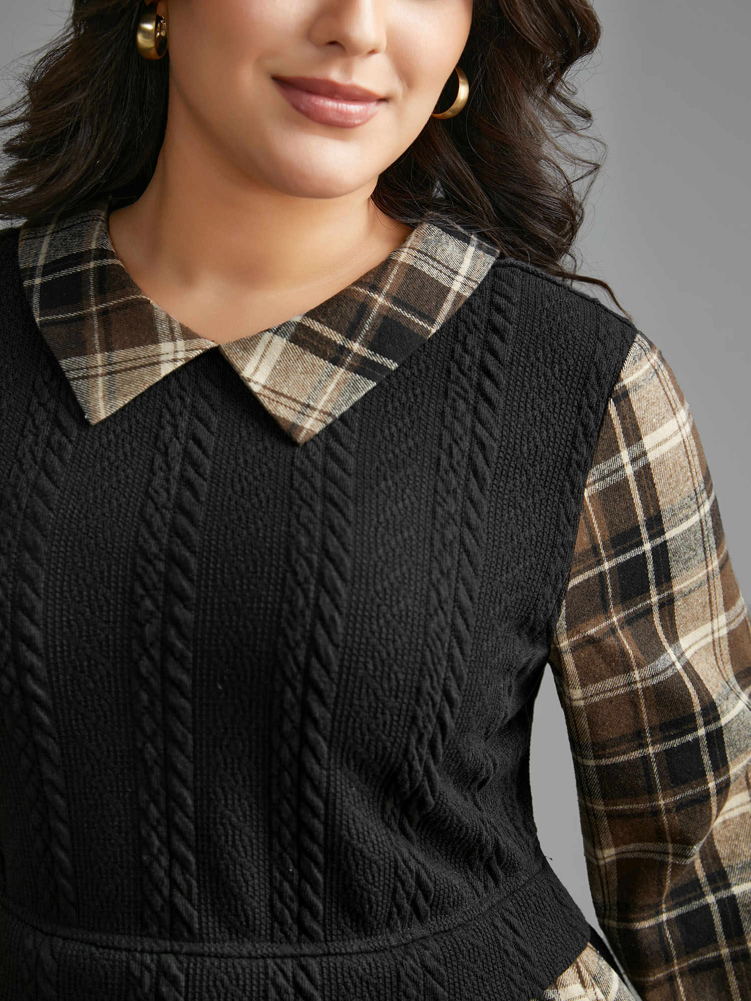 Plus Size DarkBrown Plaid Patchwork Texture Lantern Sleeve Blouse Women Elegant Long Sleeve Shirt collar Everyday Blouses BloomChic 18-20/2X 