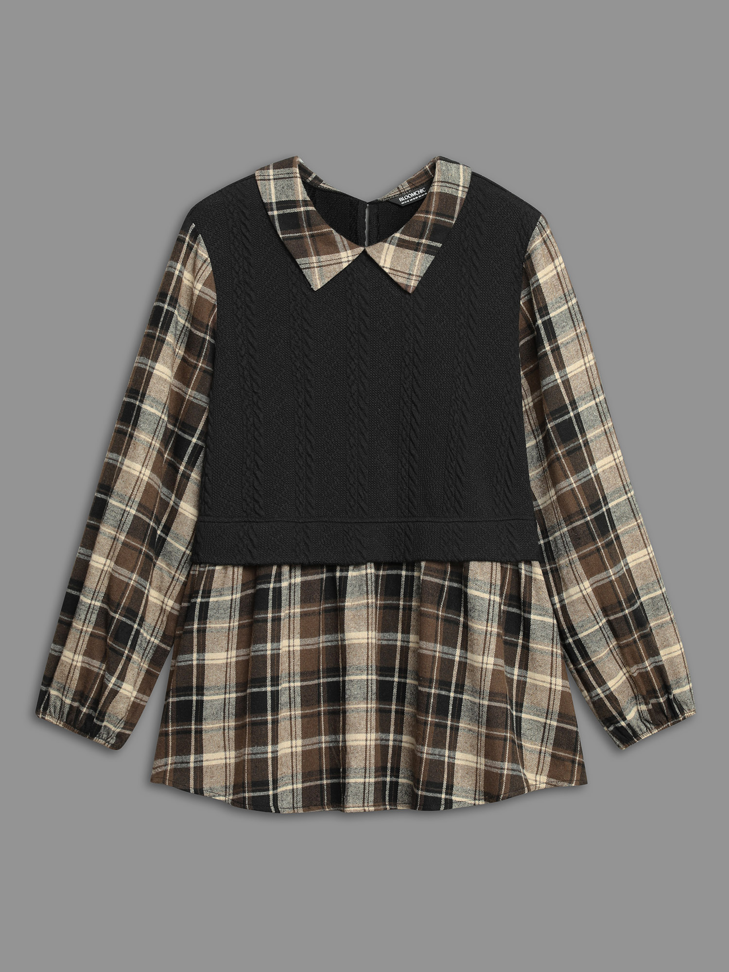 Plus Size DarkBrown Plaid Patchwork Texture Lantern Sleeve Blouse Women Elegant Long Sleeve Shirt collar Everyday Blouses BloomChic 18-20/2X 