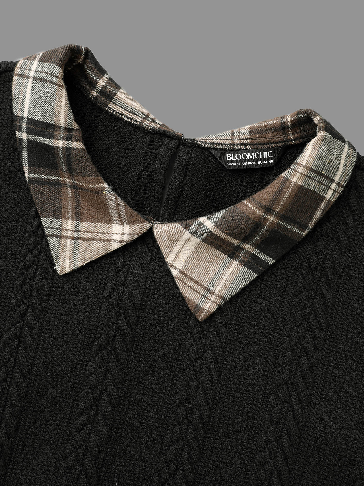 Plus Size DarkBrown Plaid Patchwork Texture Lantern Sleeve Blouse Women Elegant Long Sleeve Shirt collar Everyday Blouses BloomChic 18-20/2X 