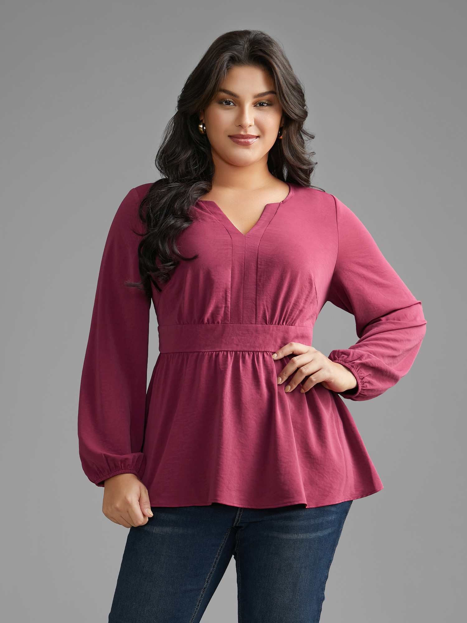 

Plus Size RedViolet Notched Collar Gathered Lantern Sleeve Blouse Women Elegant Long Sleeve Notched collar Everyday Blouses BloomChic