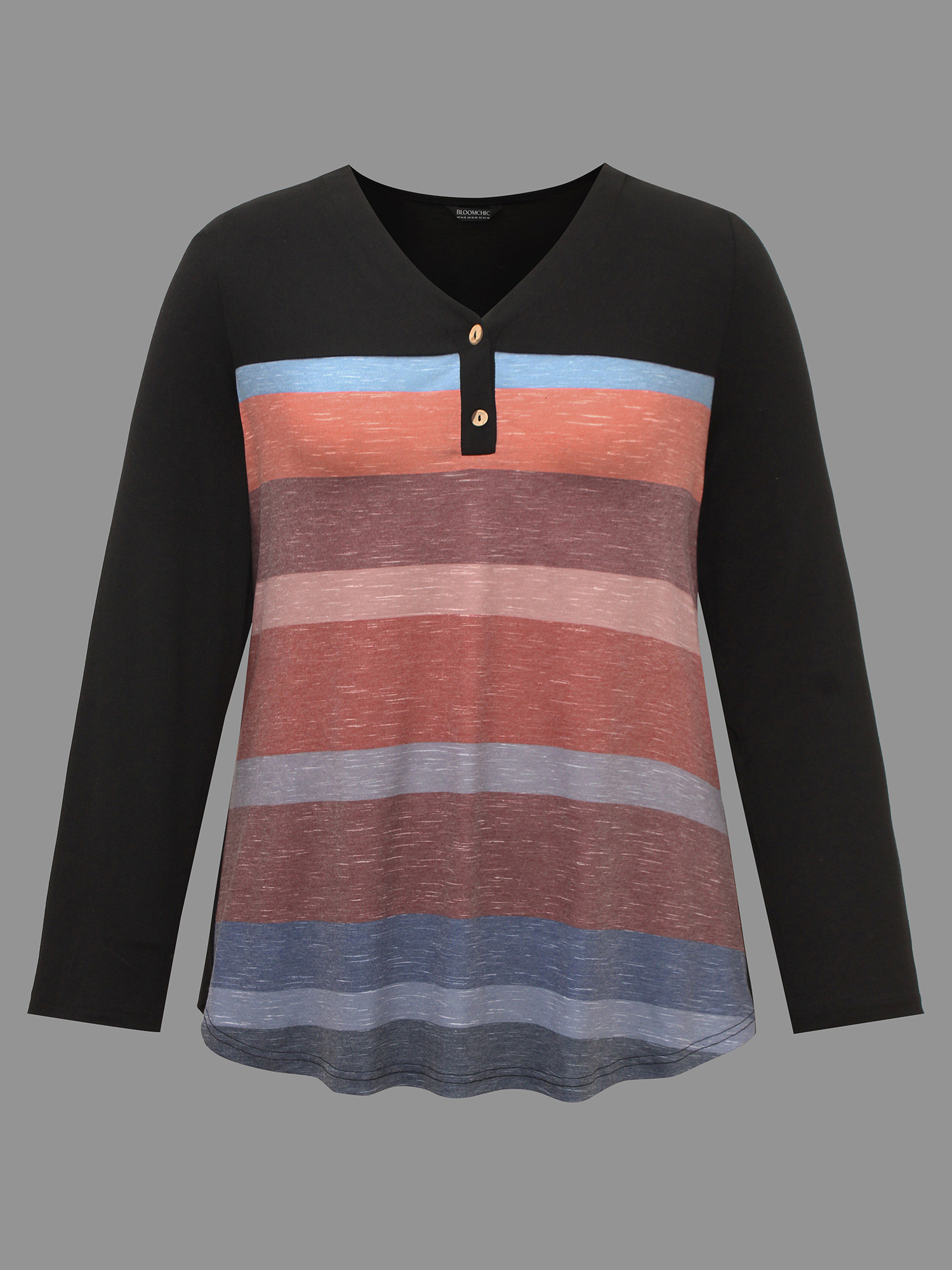 Plus Size V Neck Colorblock Contrast Button Up T-shirt Black Women Casual Contrast V-neck Everyday T-shirts BloomChic 28/5X 