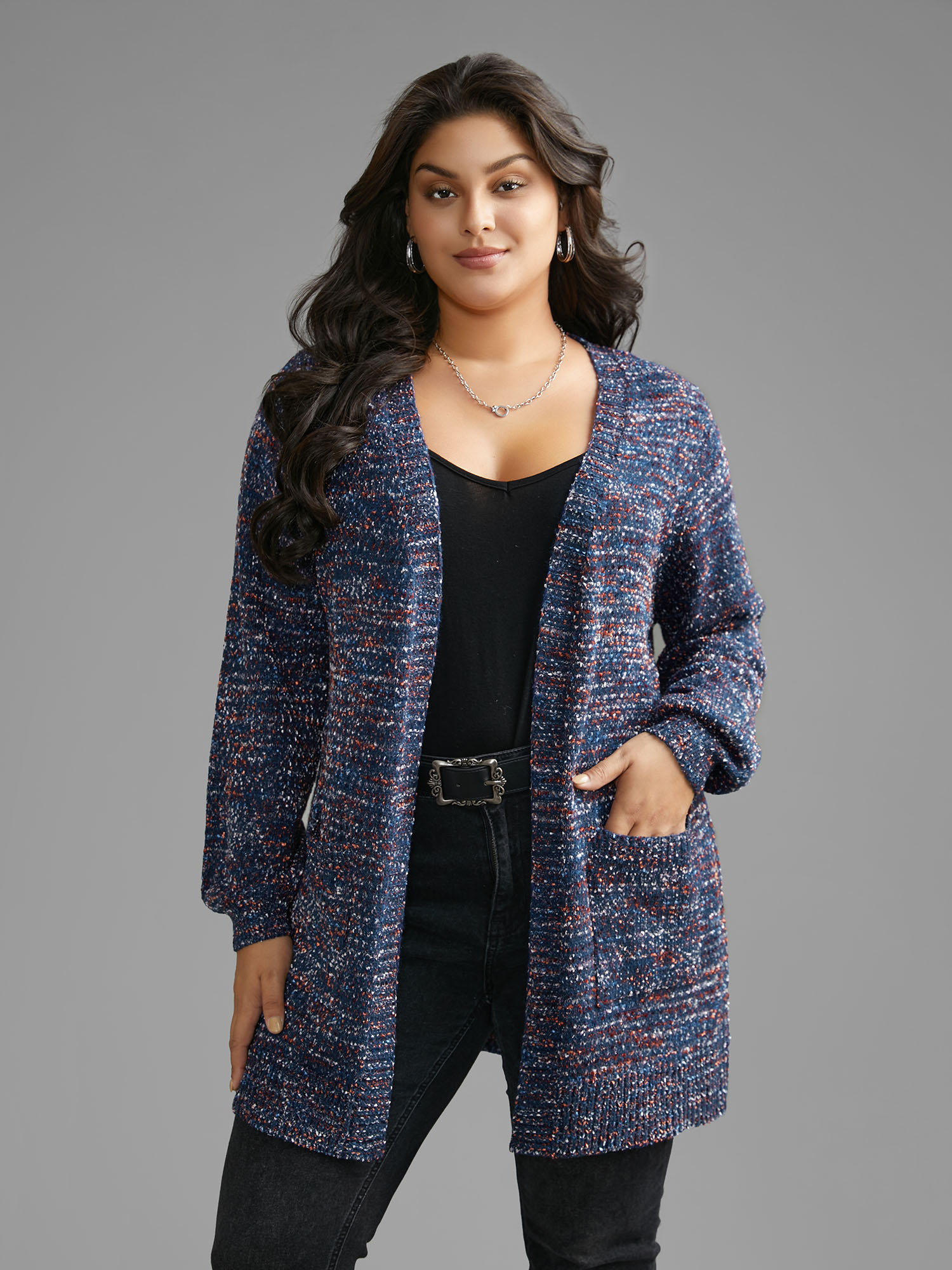 

Plus Size Contrast Heather Texture Patch Pocket Cardigan Aegean Women Casual Loose Long Sleeve Everyday Cardigans BloomChic