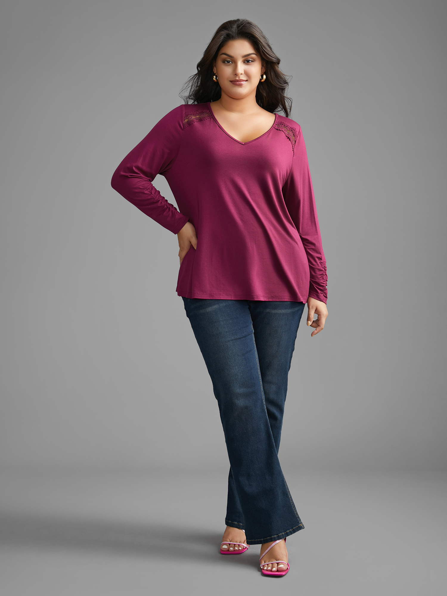 Plus Size Solid V Neck Lace Patchwork T-shirt RedViolet Women Elegant Woven ribbon&lace trim V-neck Everyday T-shirts BloomChic 14-16/1X 