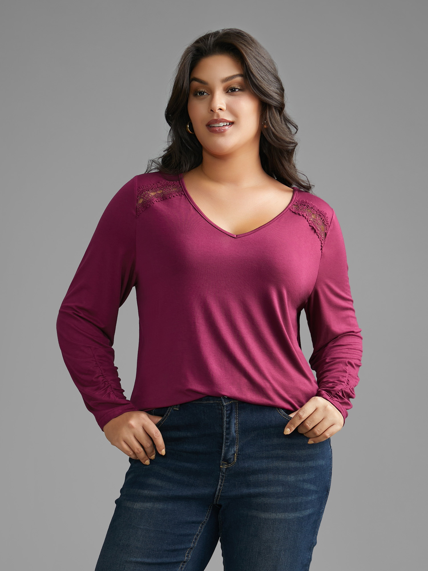 Plus Size Solid V Neck Lace Patchwork T-shirt RedViolet Women Elegant Woven ribbon&lace trim V-neck Everyday T-shirts BloomChic 14-16/1X 