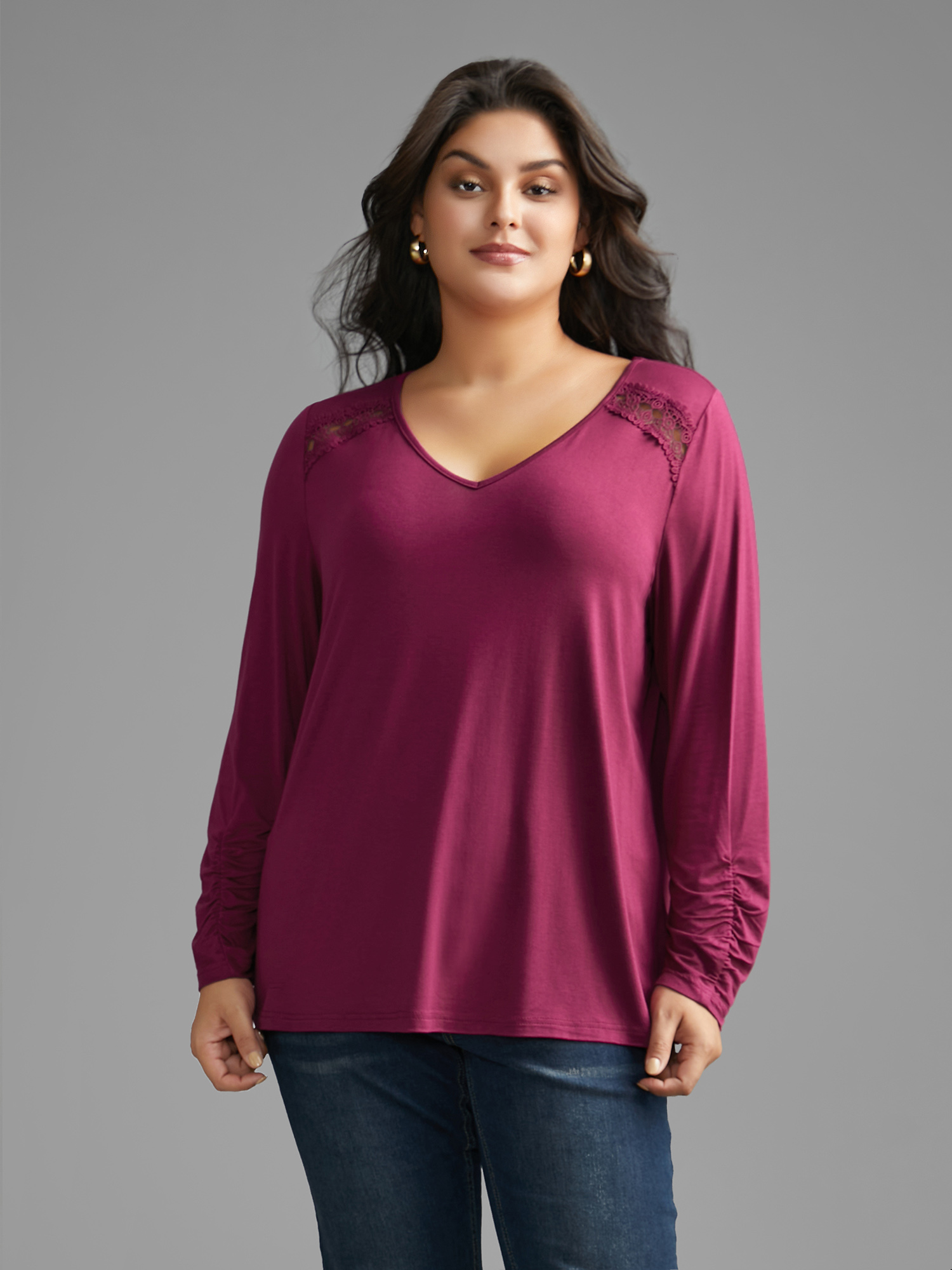 Plus Size Solid V Neck Lace Patchwork T-shirt RedViolet Women Elegant Woven ribbon&lace trim V-neck Everyday T-shirts BloomChic 14-16/1X 