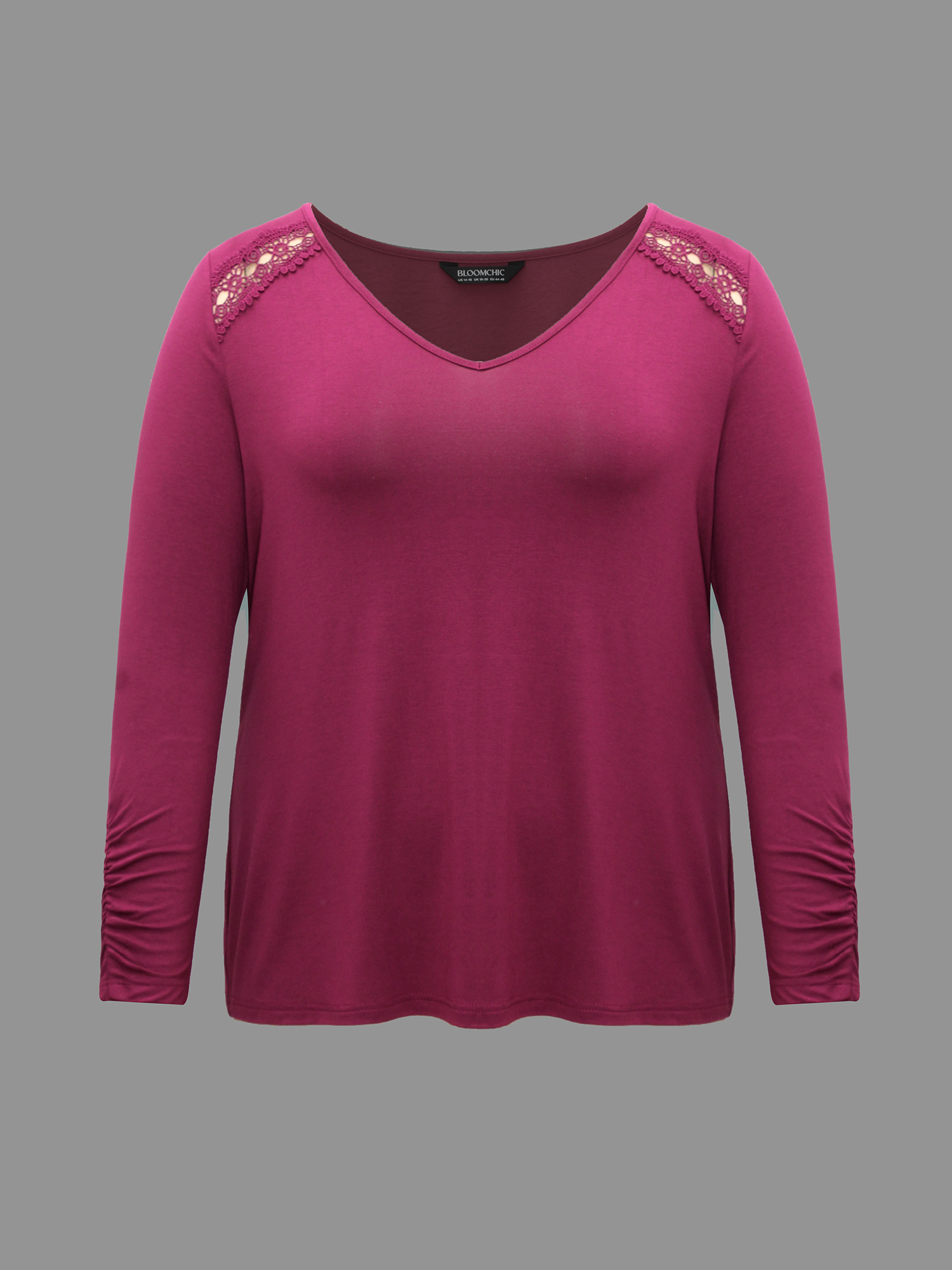 Plus Size Solid V Neck Lace Patchwork T-shirt RedViolet Women Elegant Woven ribbon&lace trim V-neck Everyday T-shirts BloomChic 14-16/1X 