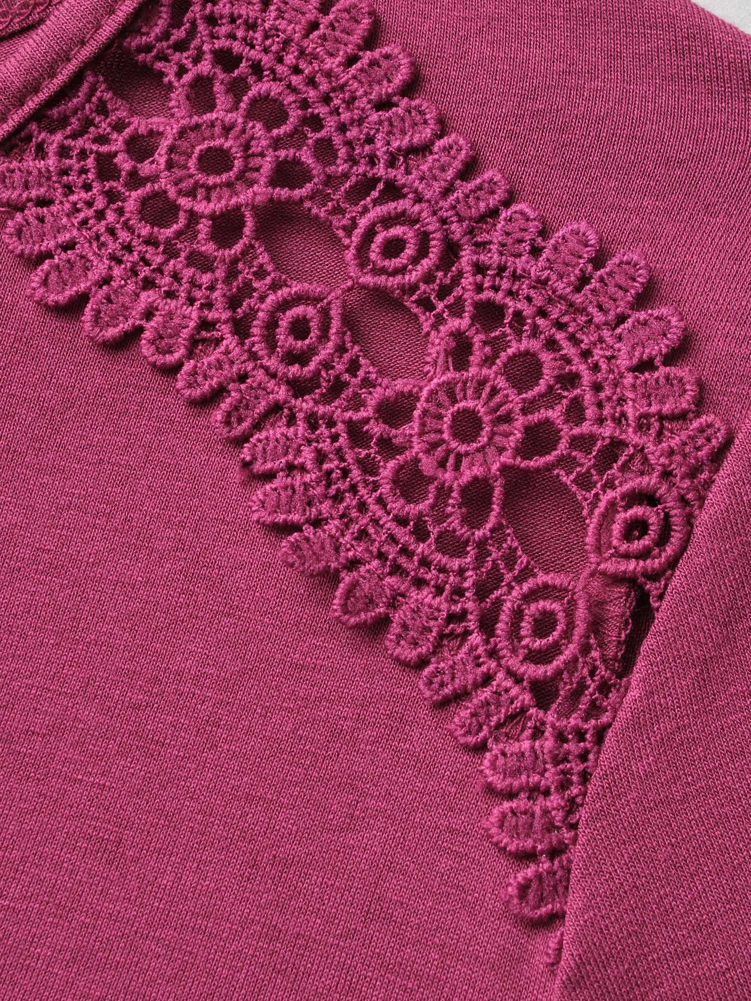 Plus Size Solid V Neck Lace Patchwork T-shirt RedViolet Women Elegant Woven ribbon&lace trim V-neck Everyday T-shirts BloomChic 14-16/1X 