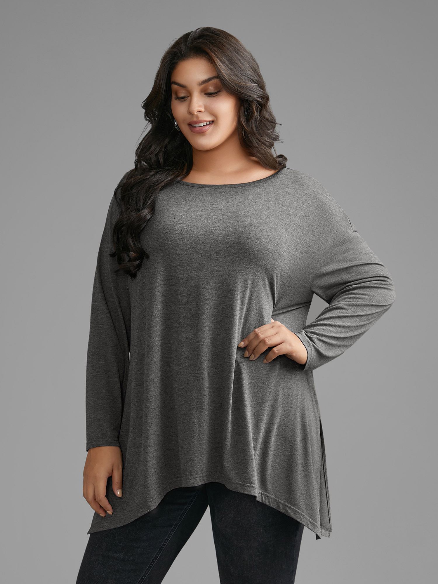 

Plus Size Plain Boat Neck Asymmetrical Hem T-shirt DarkGray Women Casual Asymmetrical Boat Neck Loose Everyday T-shirts BloomChic