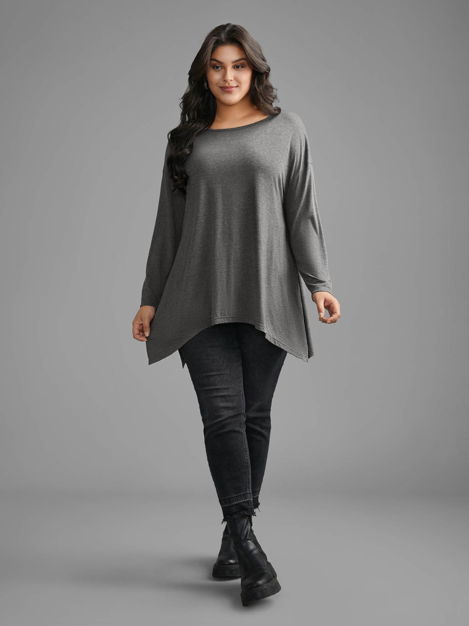 Plus Size Plain Boat Neck Asymmetrical Hem T-shirt DarkGray Women Casual Asymmetrical Boat Neck Loose Everyday T-shirts BloomChic 18-20/2X 