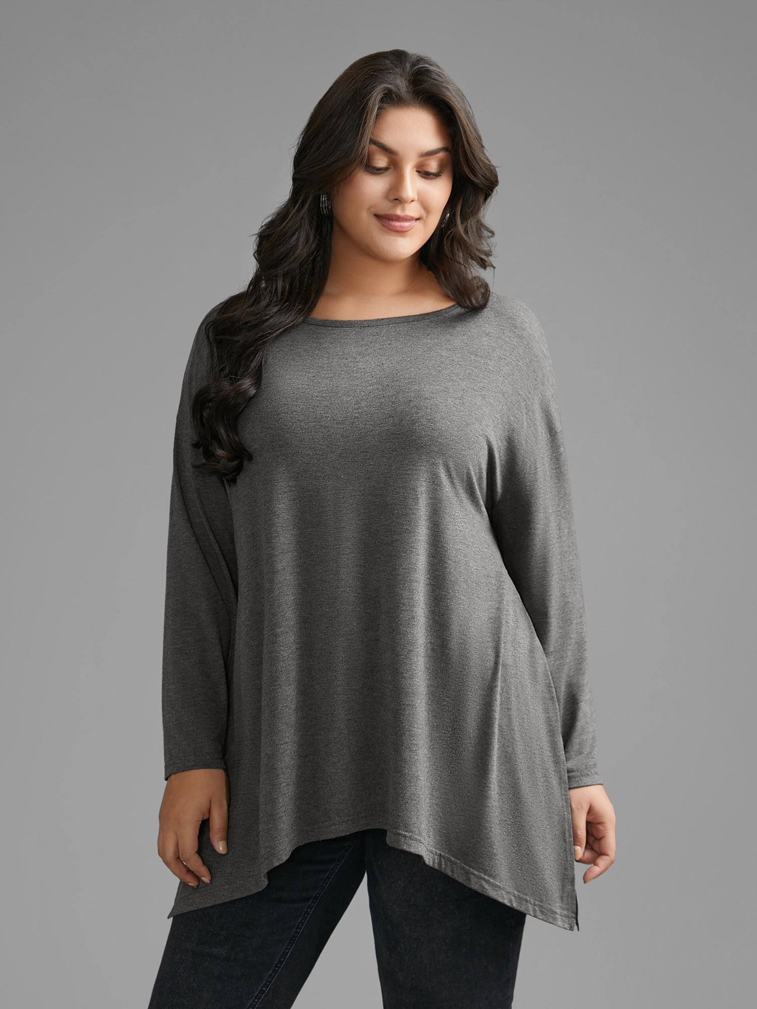 

Plus Size Plain Boat Neck Asymmetrical Hem T-shirt DarkGray Women Casual Asymmetrical Boat Neck Loose Everyday T-shirts BloomChic