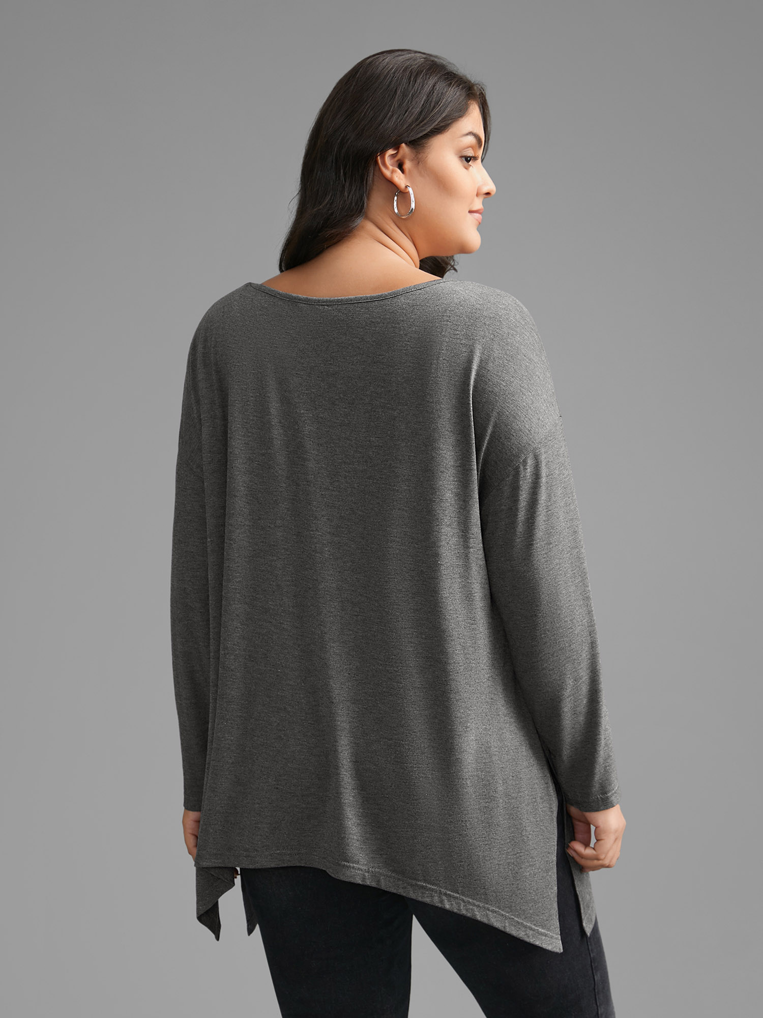 Plus Size Plain Boat Neck Asymmetrical Hem T-shirt DarkGray Women Casual Asymmetrical Boat Neck Loose Everyday T-shirts BloomChic 18-20/2X 
