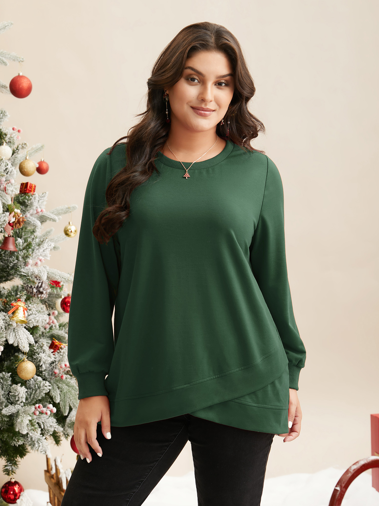 

Plus Size Overlapping Hem Round Neck Sweatshirt Women DarkGreen Casual Overlapping Round Neck Everyday Sweatshirts BloomChic