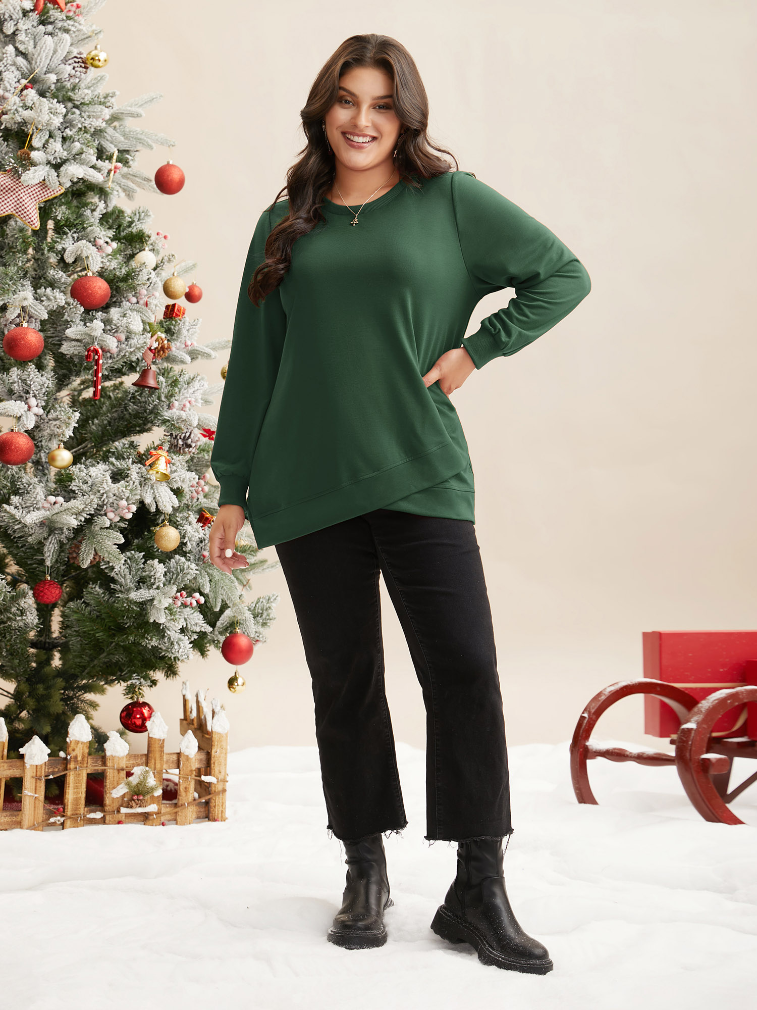 

Plus Size Overlapping Hem Round Neck Sweatshirt Women DarkGreen Casual Overlapping Round Neck Everyday Sweatshirts BloomChic