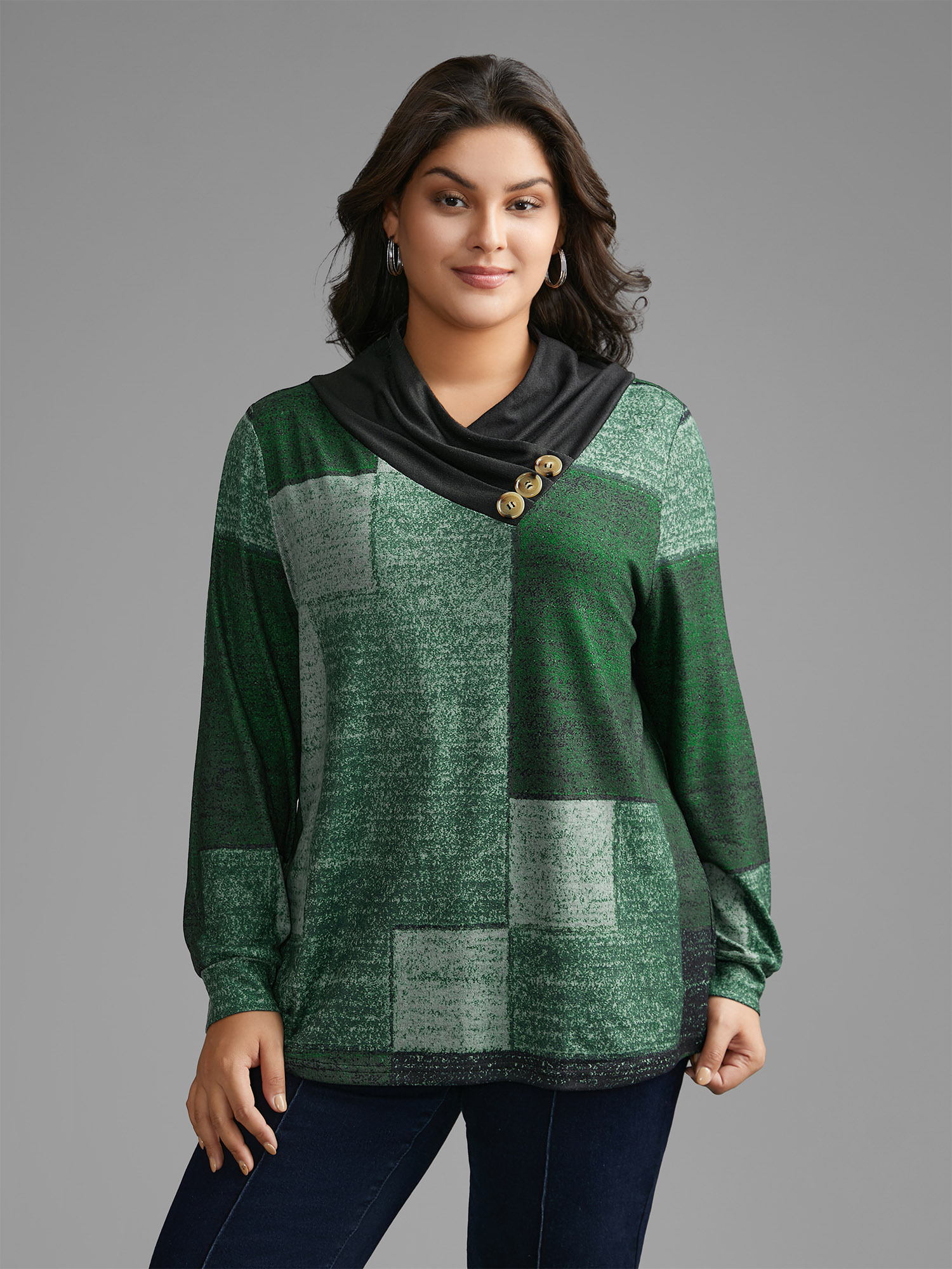 

Plus Size Asymmetrical Colorblock Button Detail Pleated T-shirt Truegreen Overlap Collar Long Sleeve Casual Jersey Tops