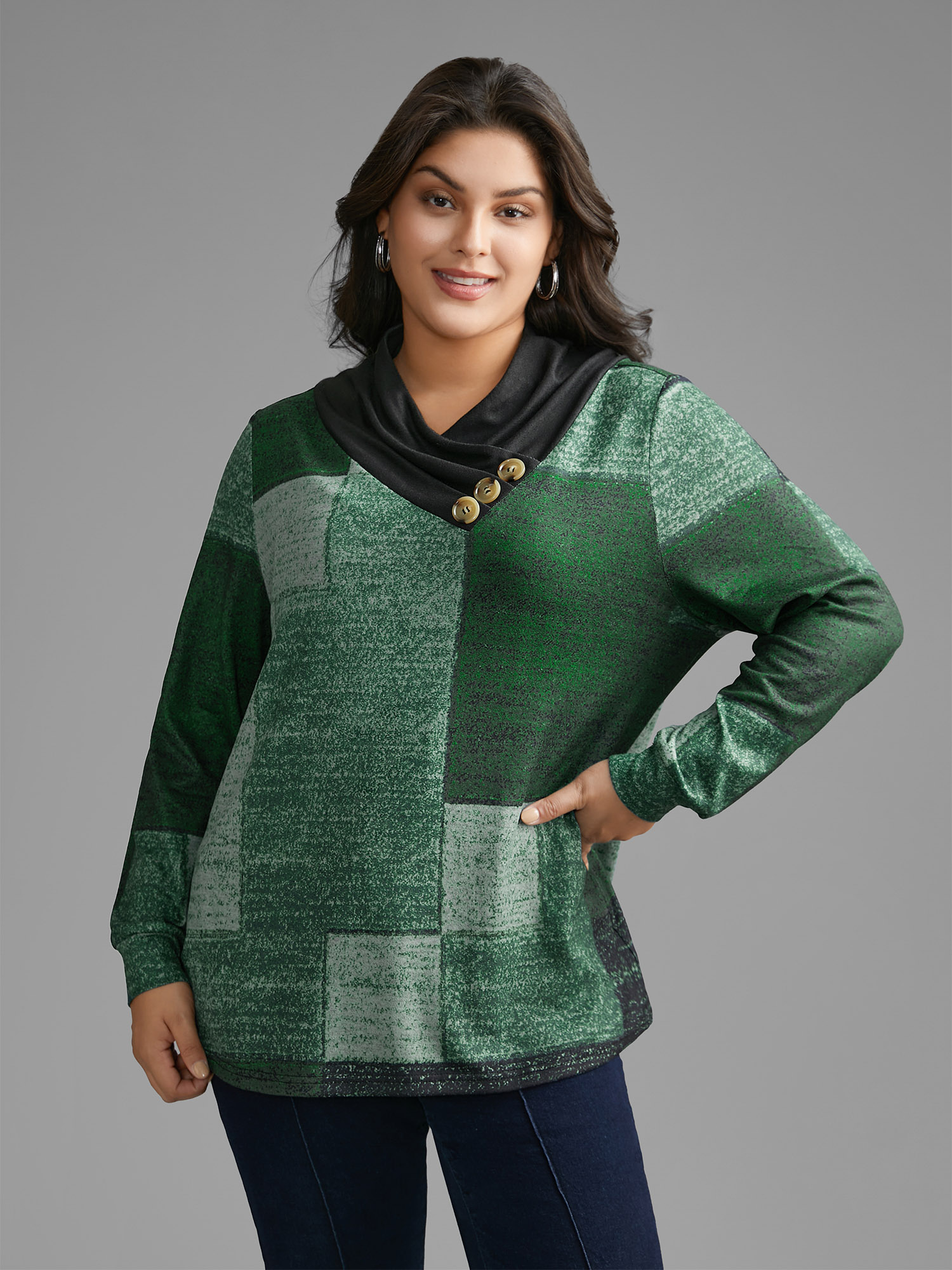 

Plus Size Asymmetrical Colorblock Button Detail Pleated T-shirt Truegreen Overlap Collar Long Sleeve Casual Jersey Tops