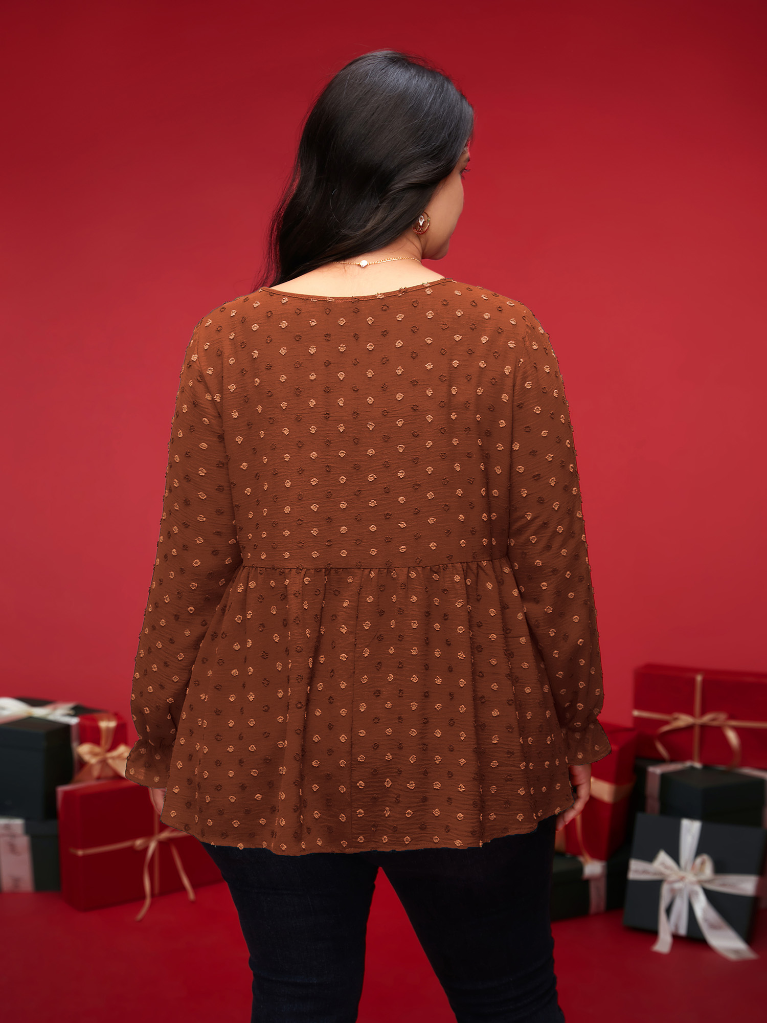 

Plus Size Rust Textured Dot Elastic Cuffs A-line Blouse Women Casual Long Sleeve Round Neck Everyday Blouses BloomChic