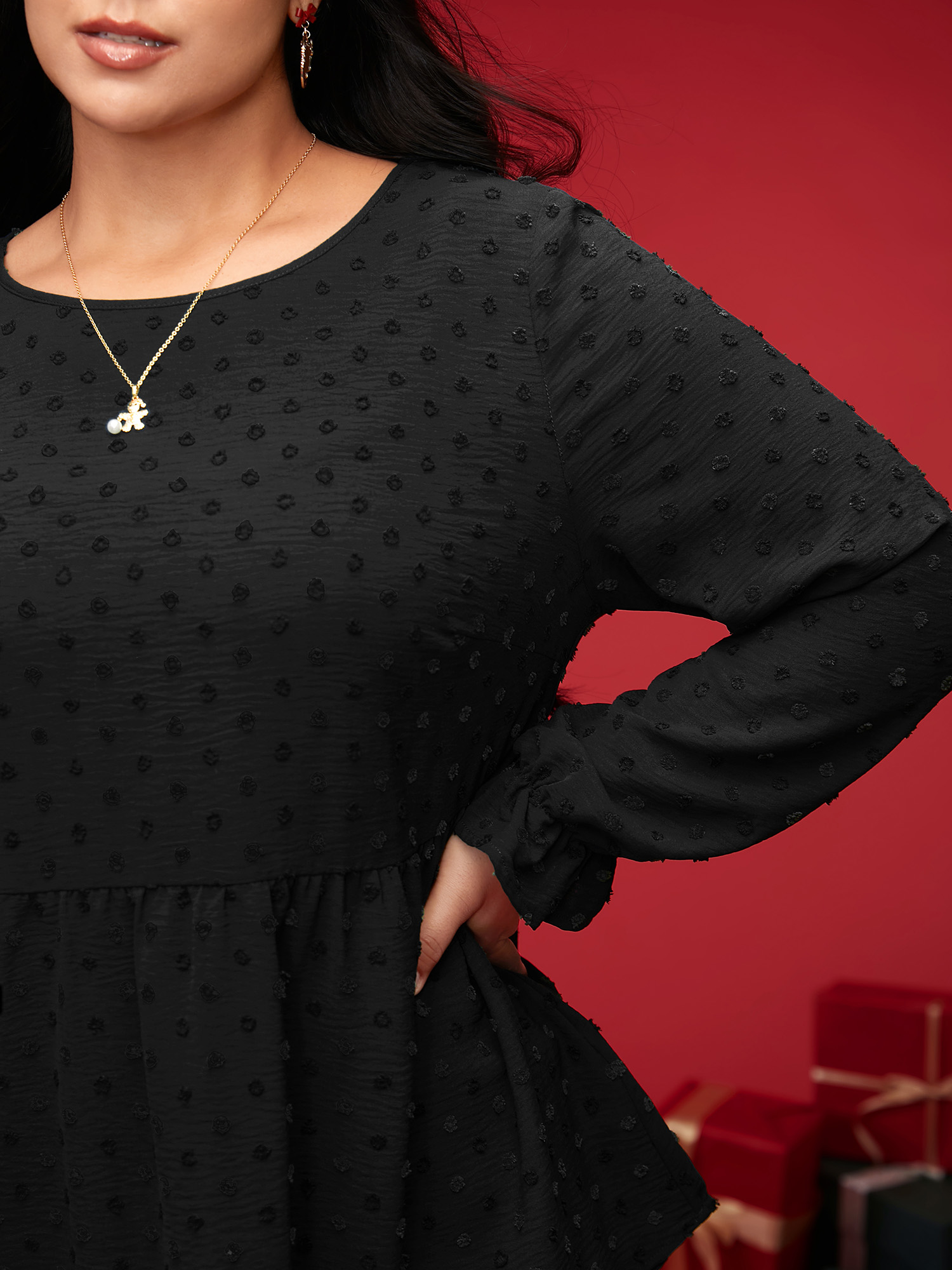 

Plus Size Black Textured Dot Elastic Cuffs A-line Blouse Women Casual Long Sleeve Round Neck Everyday Blouses BloomChic