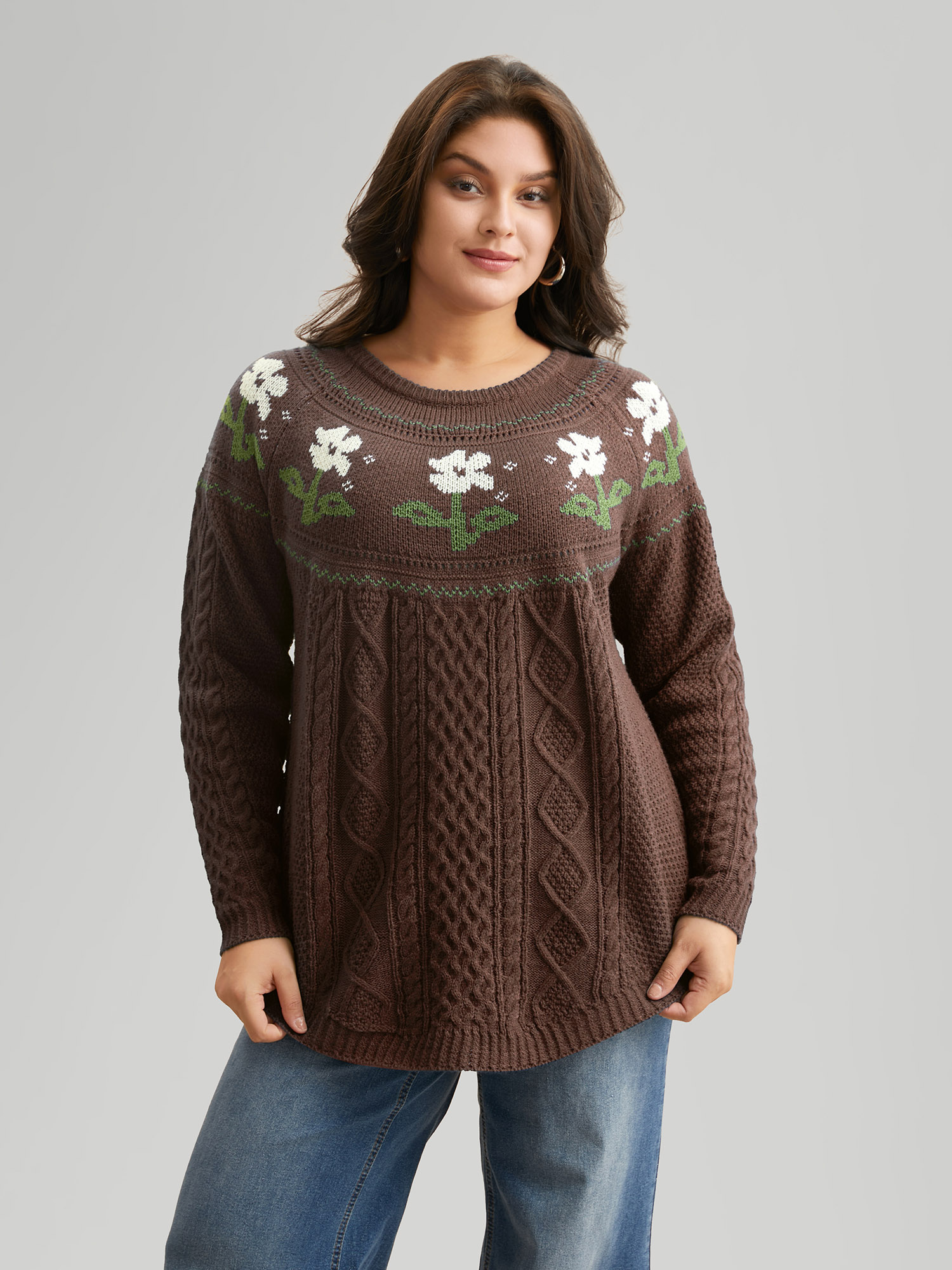 

Plus Size Floral Jacquard Raglan Sleeve Pullover Browncoffeecolor Women Casual Long Sleeve Round Neck Everyday Pullovers BloomChic