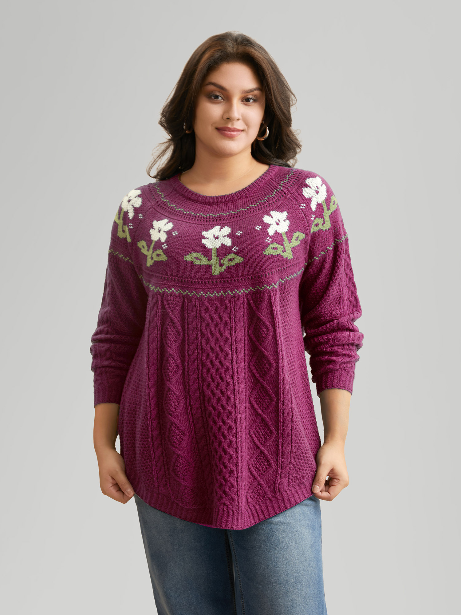 

Plus Size Floral Jacquard Raglan Sleeve Pullover RedViolet Women Casual Long Sleeve Round Neck Everyday Pullovers BloomChic