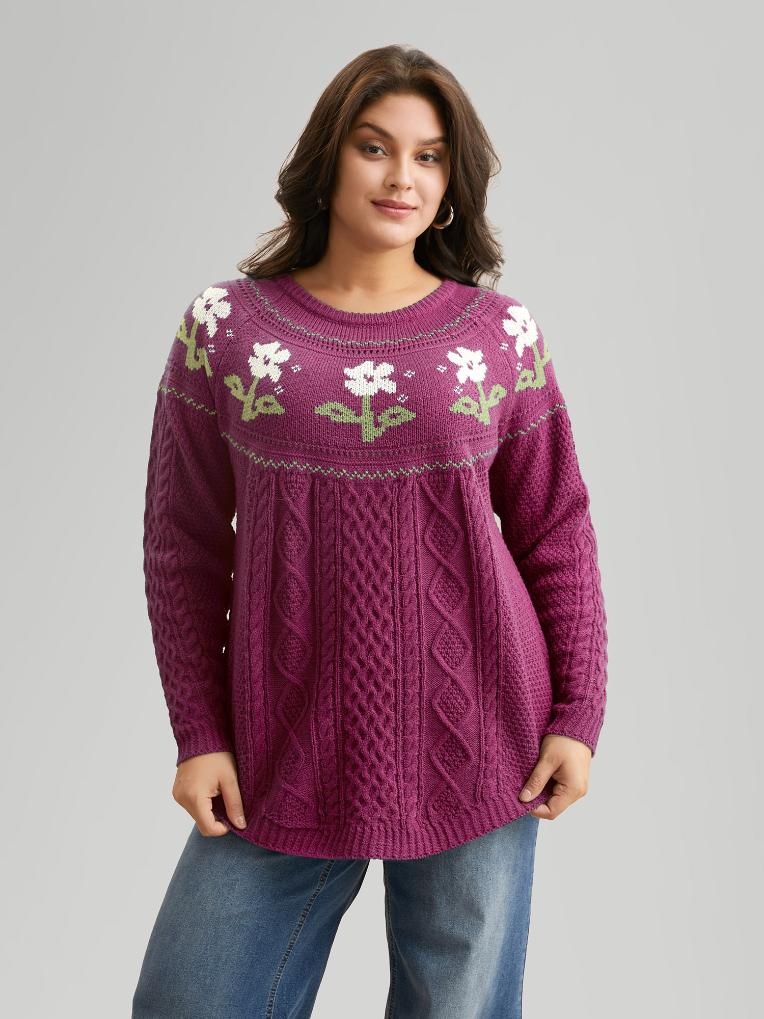 

Plus Size Floral Jacquard Raglan Sleeve Pullover RedViolet Women Casual Long Sleeve Round Neck Everyday Pullovers BloomChic