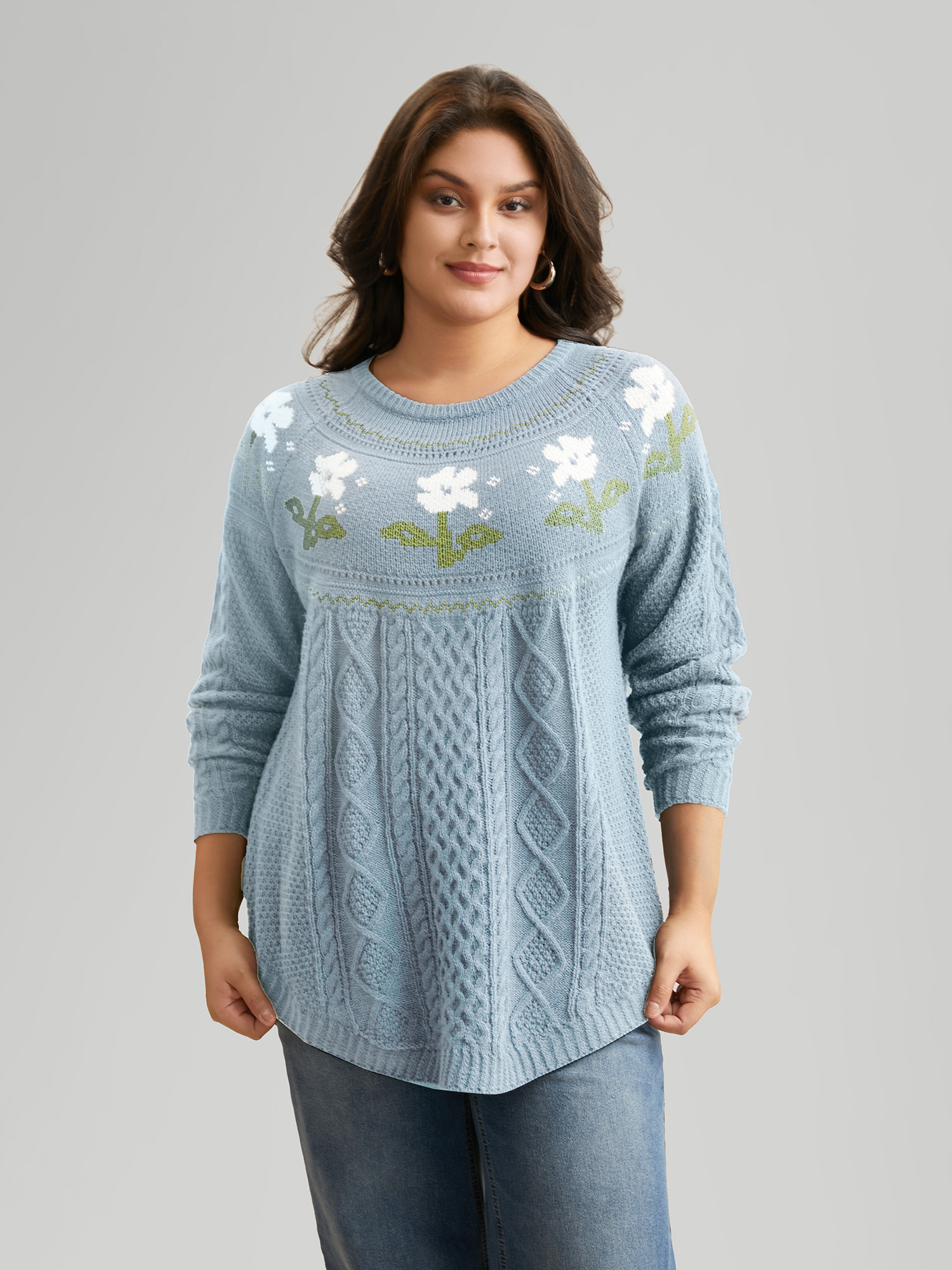 

Plus Size Floral Jacquard Raglan Sleeve Pullover LightBlue Women Casual Long Sleeve Round Neck Everyday Pullovers BloomChic